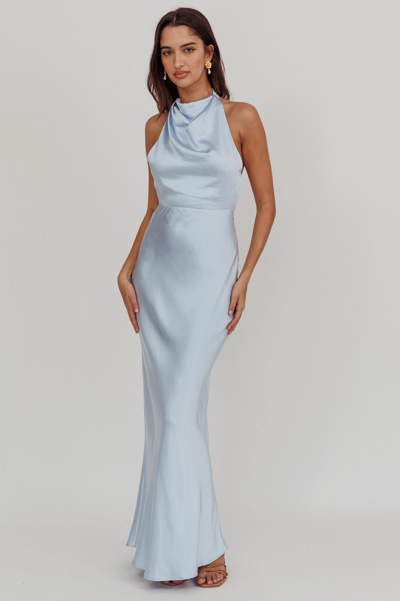 Gelato Pearl Strap Halter Maxi Dress Blue-Maymioy