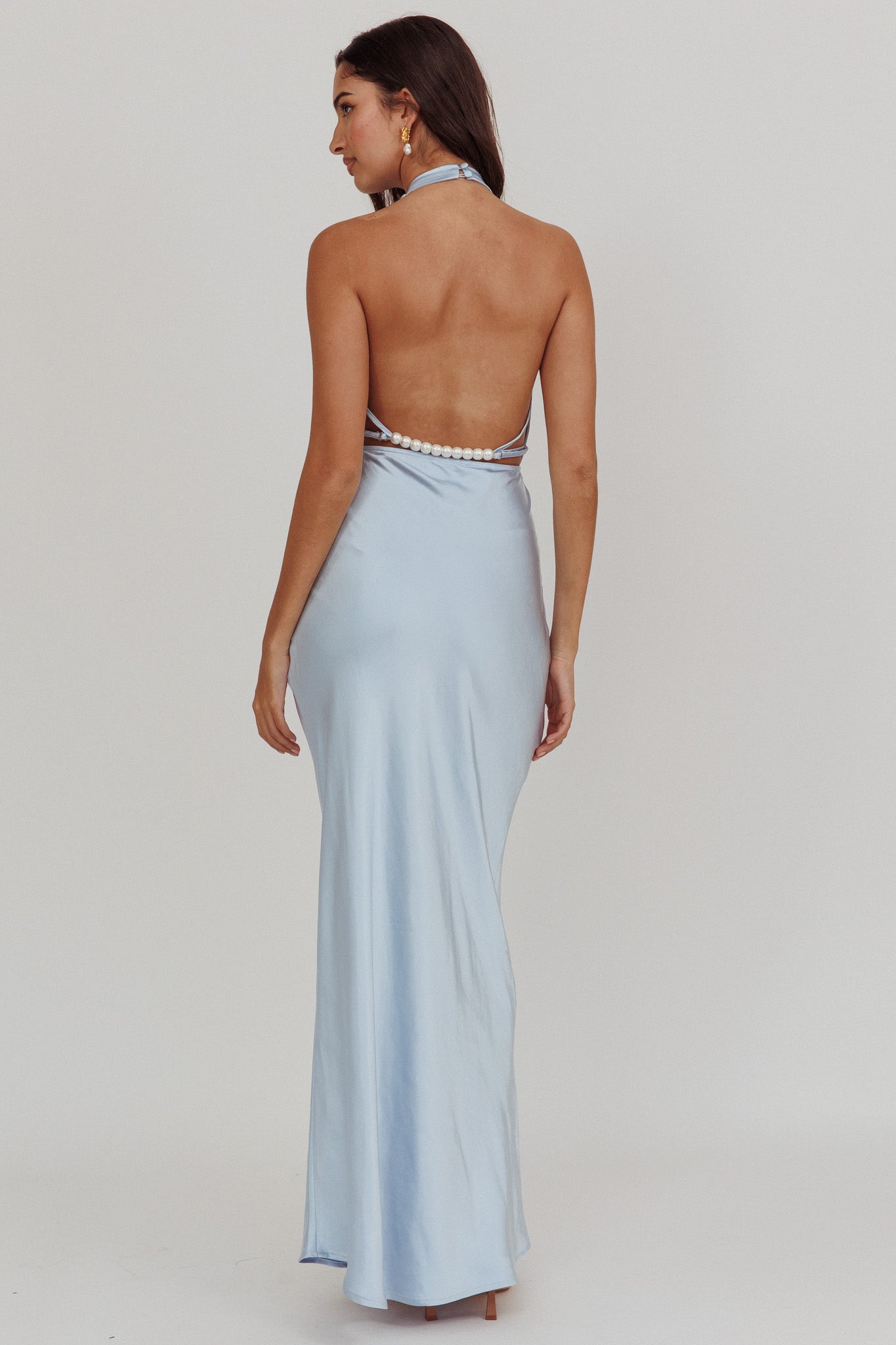 Gelato Pearl Strap Halter Maxi Dress Blue-Maymioy
