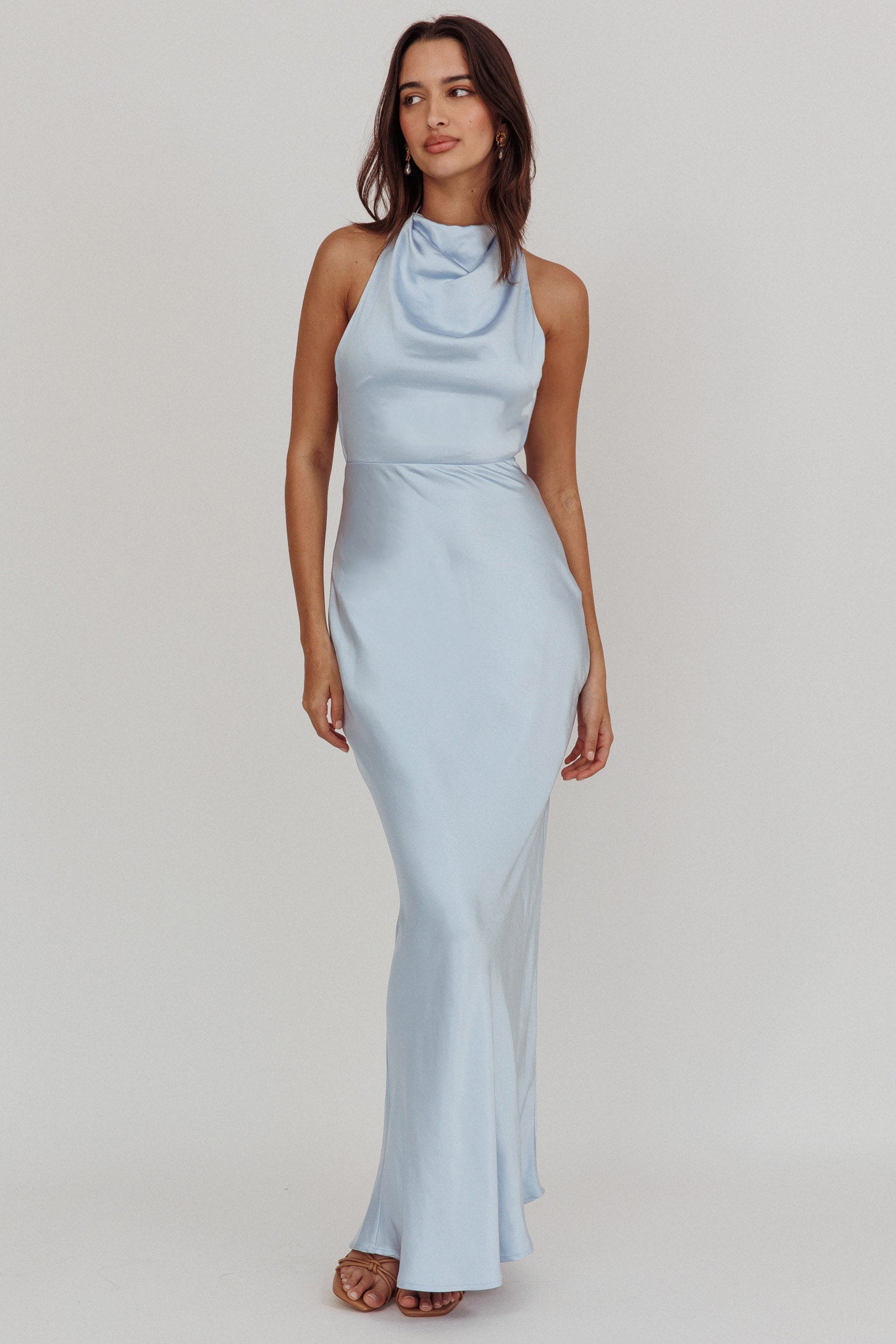 Gelato Pearl Strap Halter Maxi Dress Blue-Maymioy