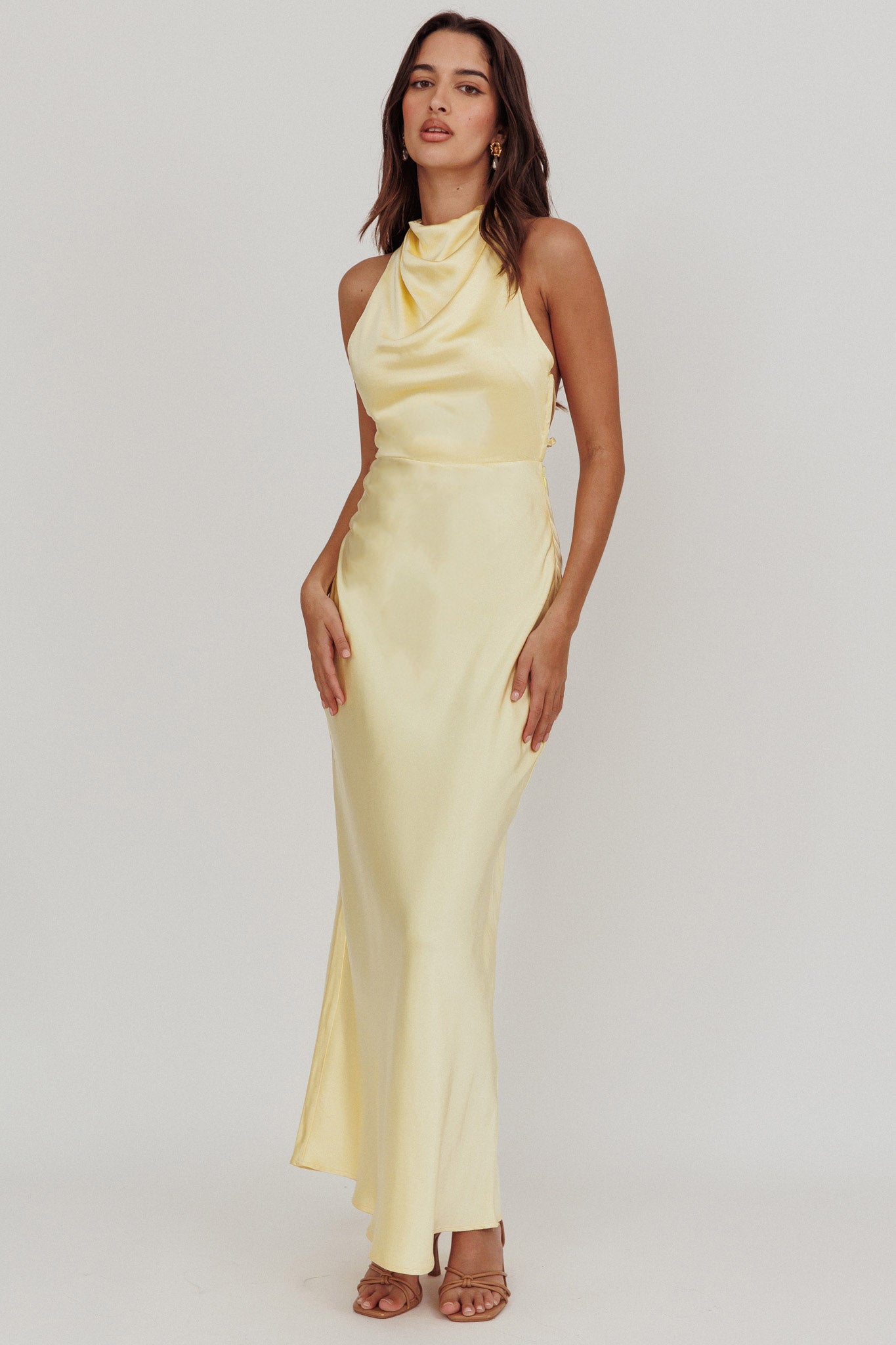 Gelato Pearl Strap Halter Maxi Dress Butter-Maymioy