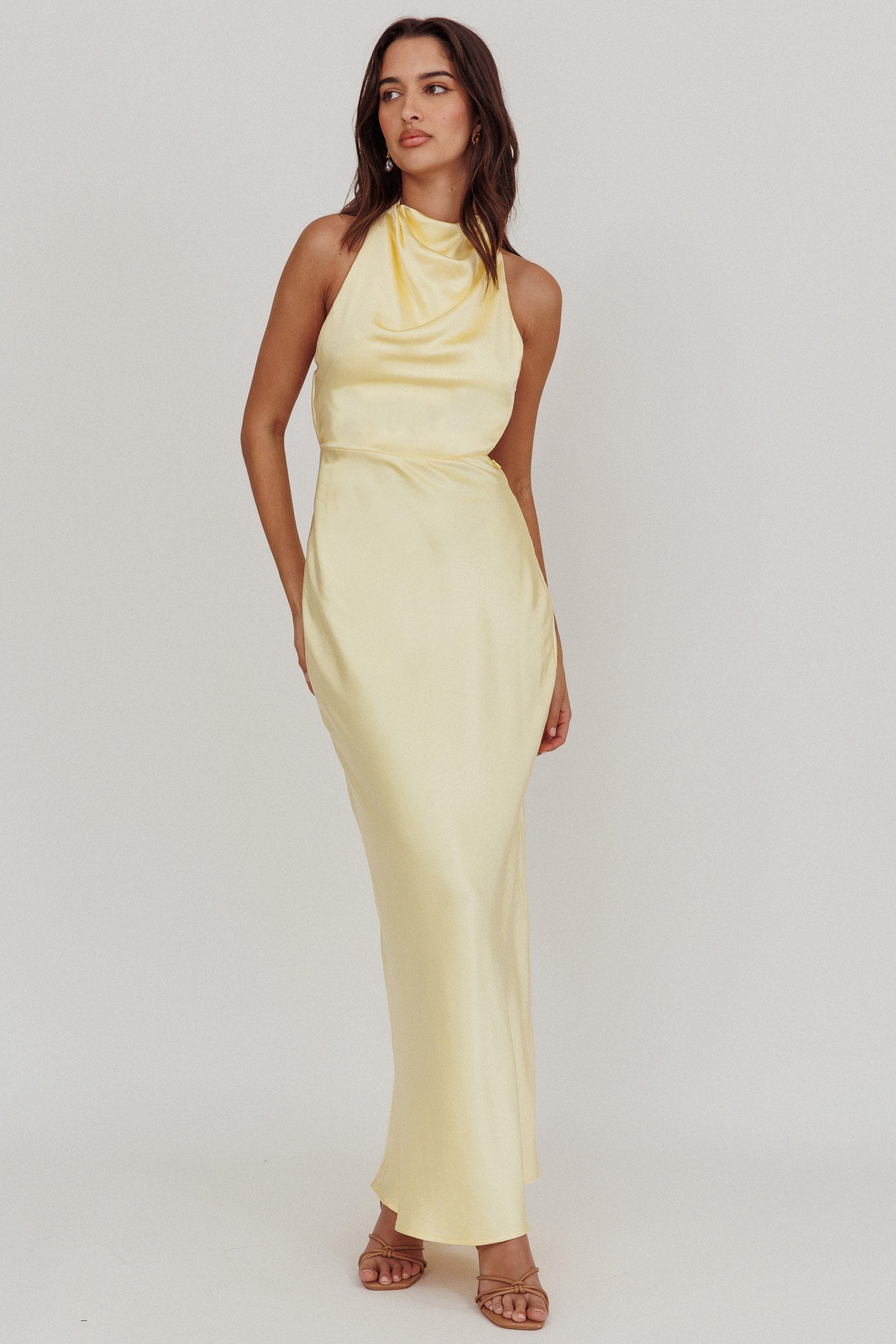 Gelato Pearl Strap Halter Maxi Dress Butter-Maymioy