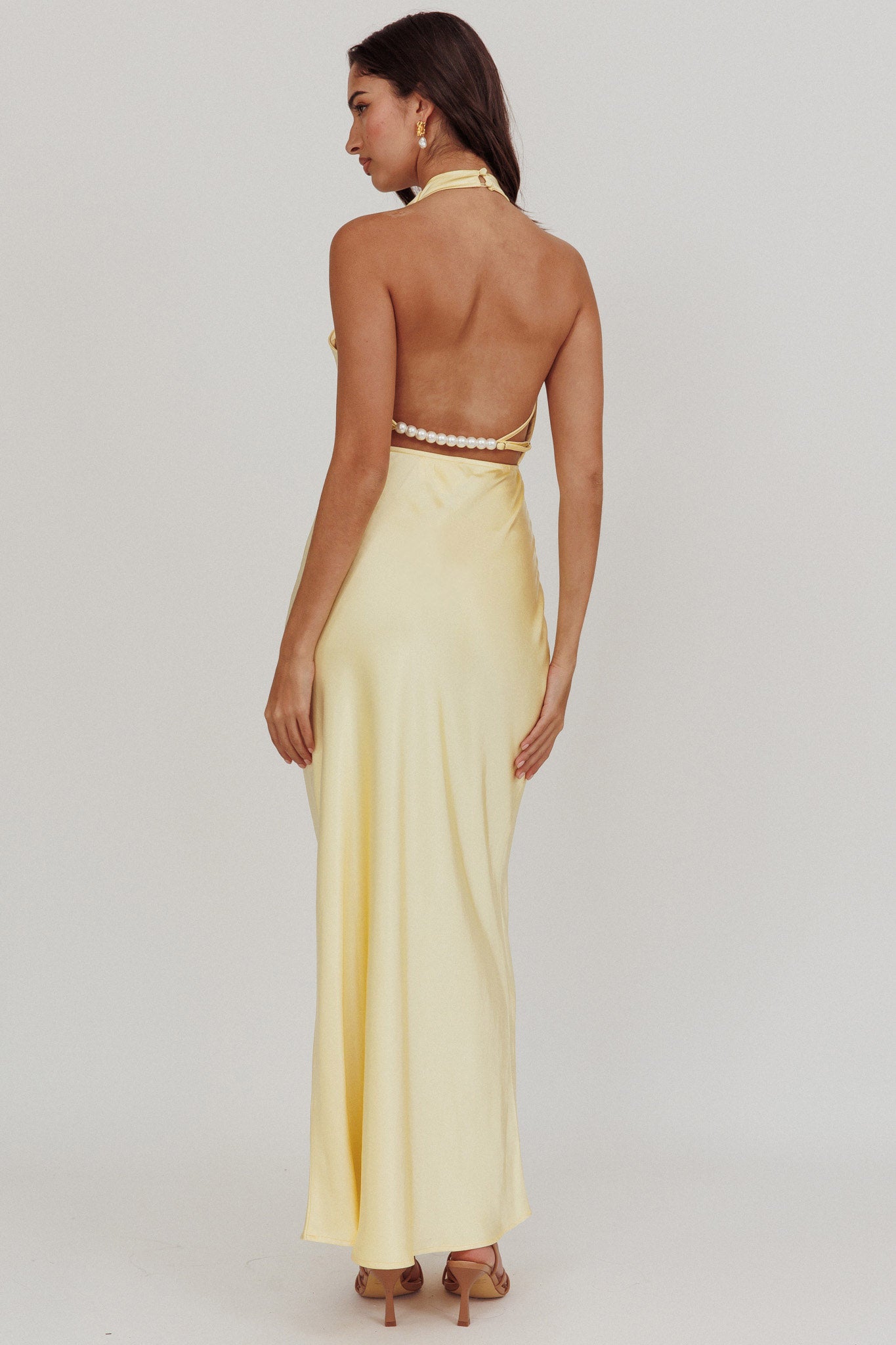 Gelato Pearl Strap Halter Maxi Dress Butter-Maymioy
