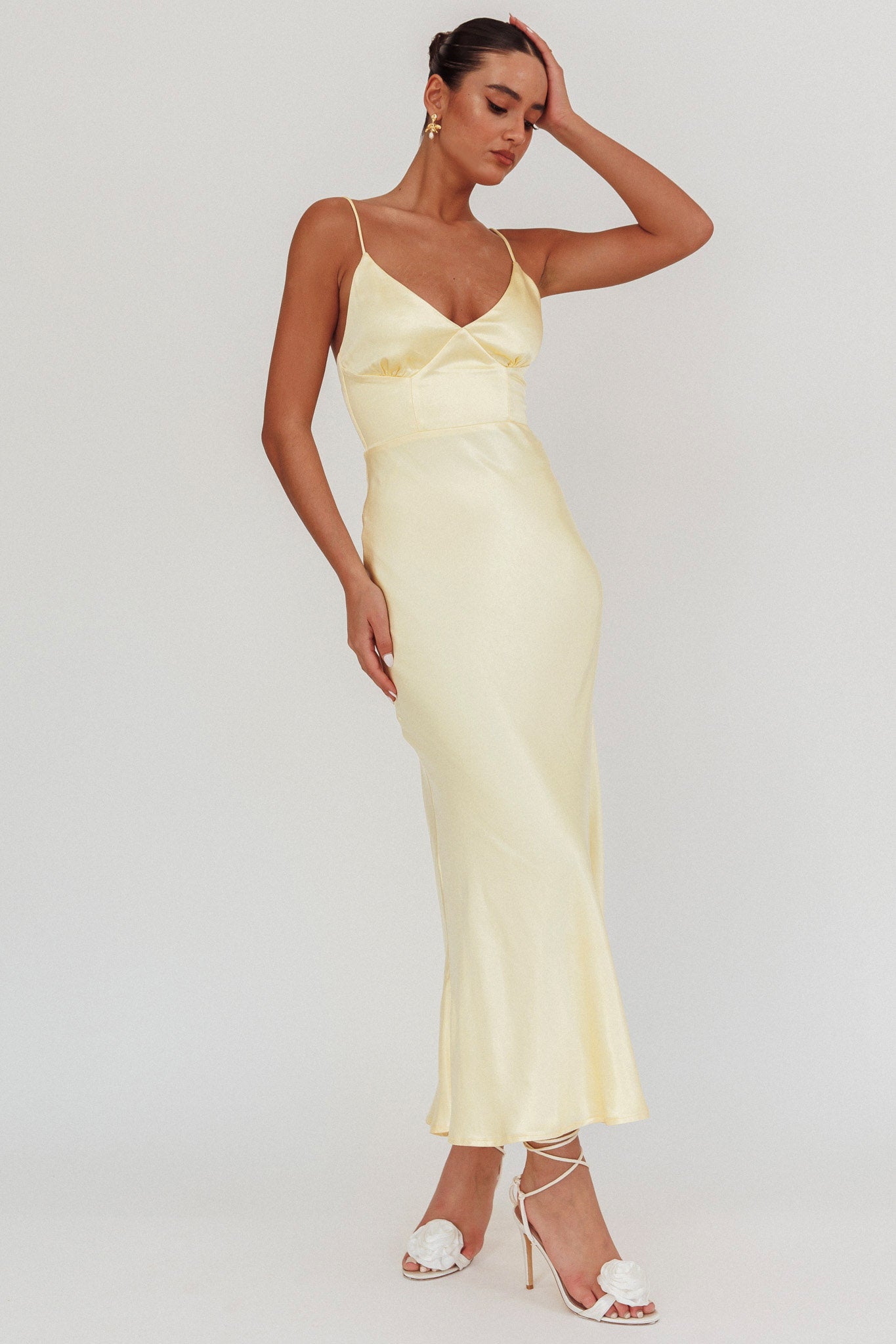 Hold Me Satin Backless Maxi Dress Lemon-Maymioy