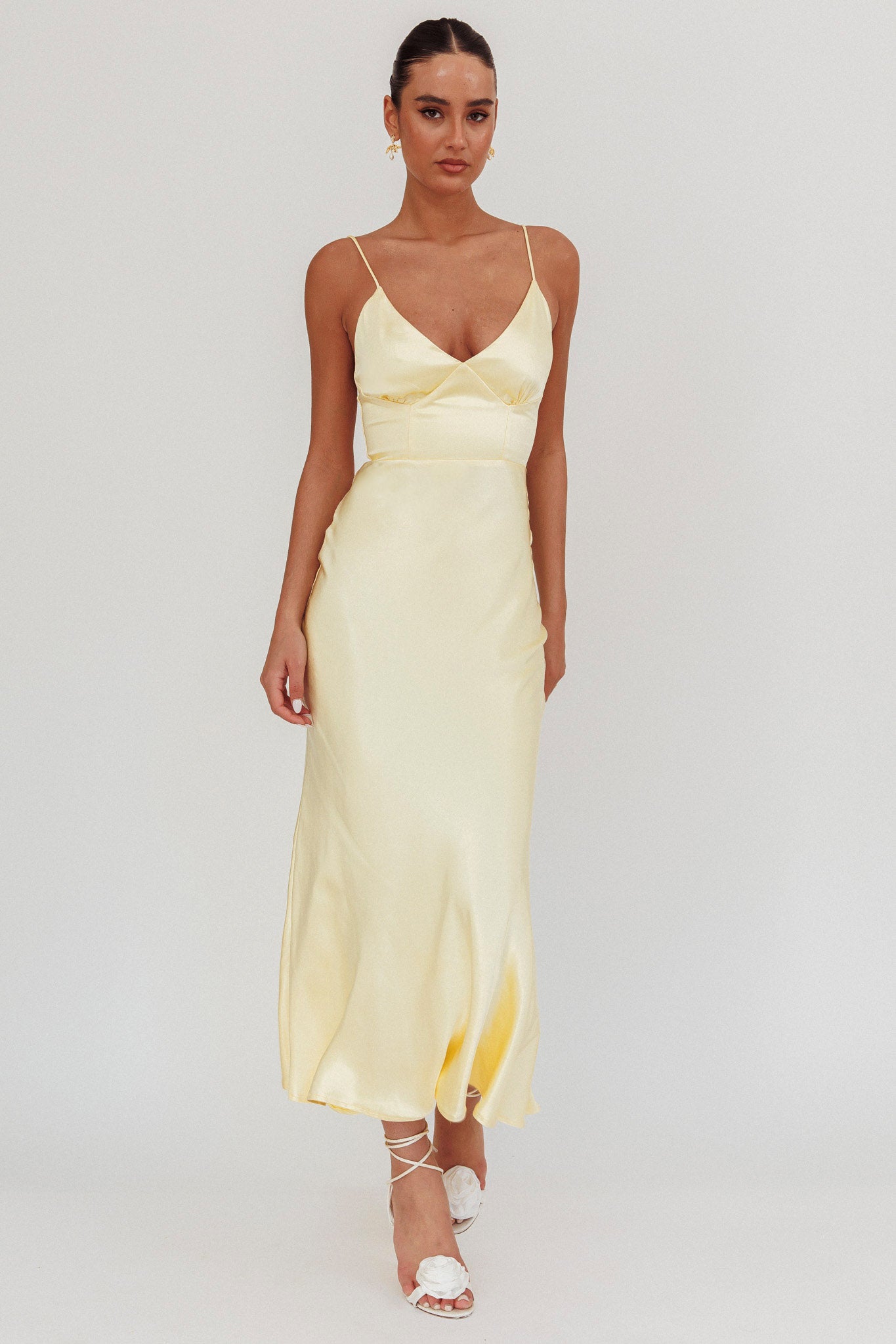 Hold Me Satin Backless Maxi Dress Lemon-Maymioy