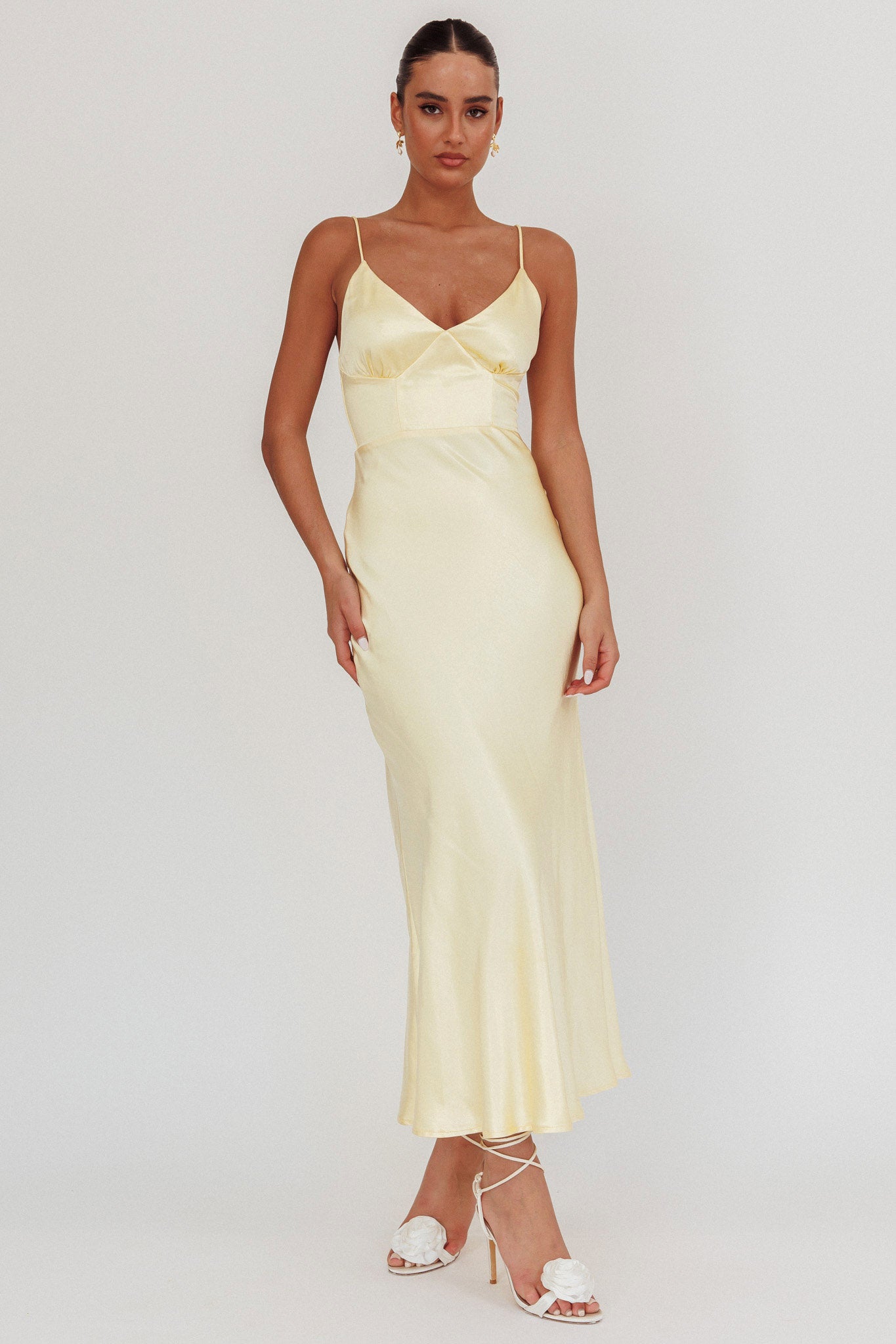 Hold Me Satin Backless Maxi Dress Lemon-Maymioy