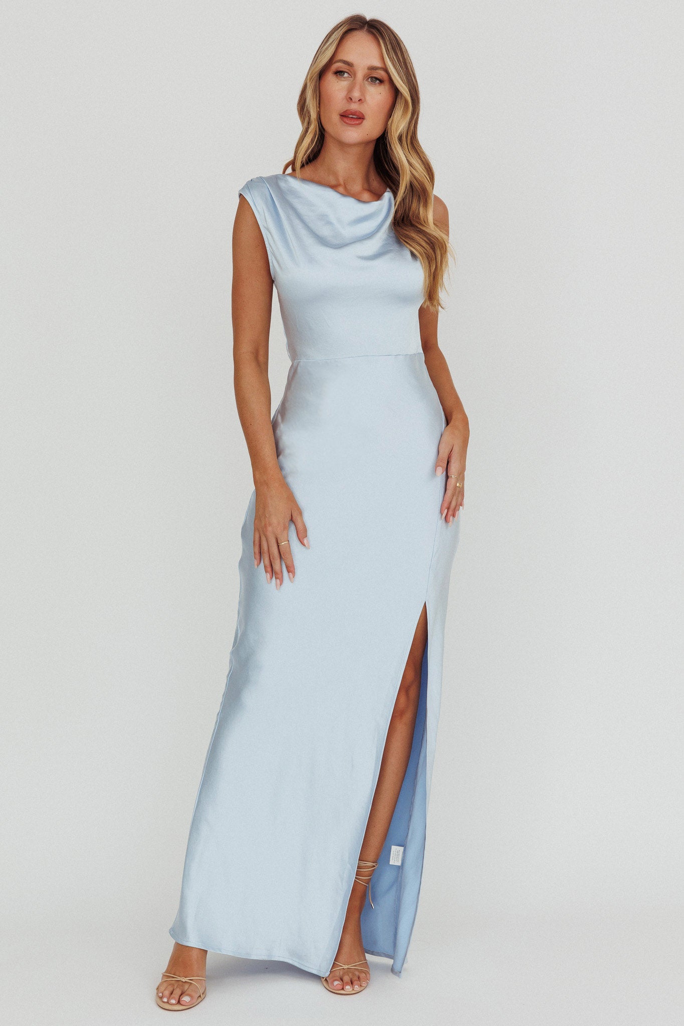 Jinora Cowl Neck Leg Slit Satin Maxi Dress Blue-Maymioy