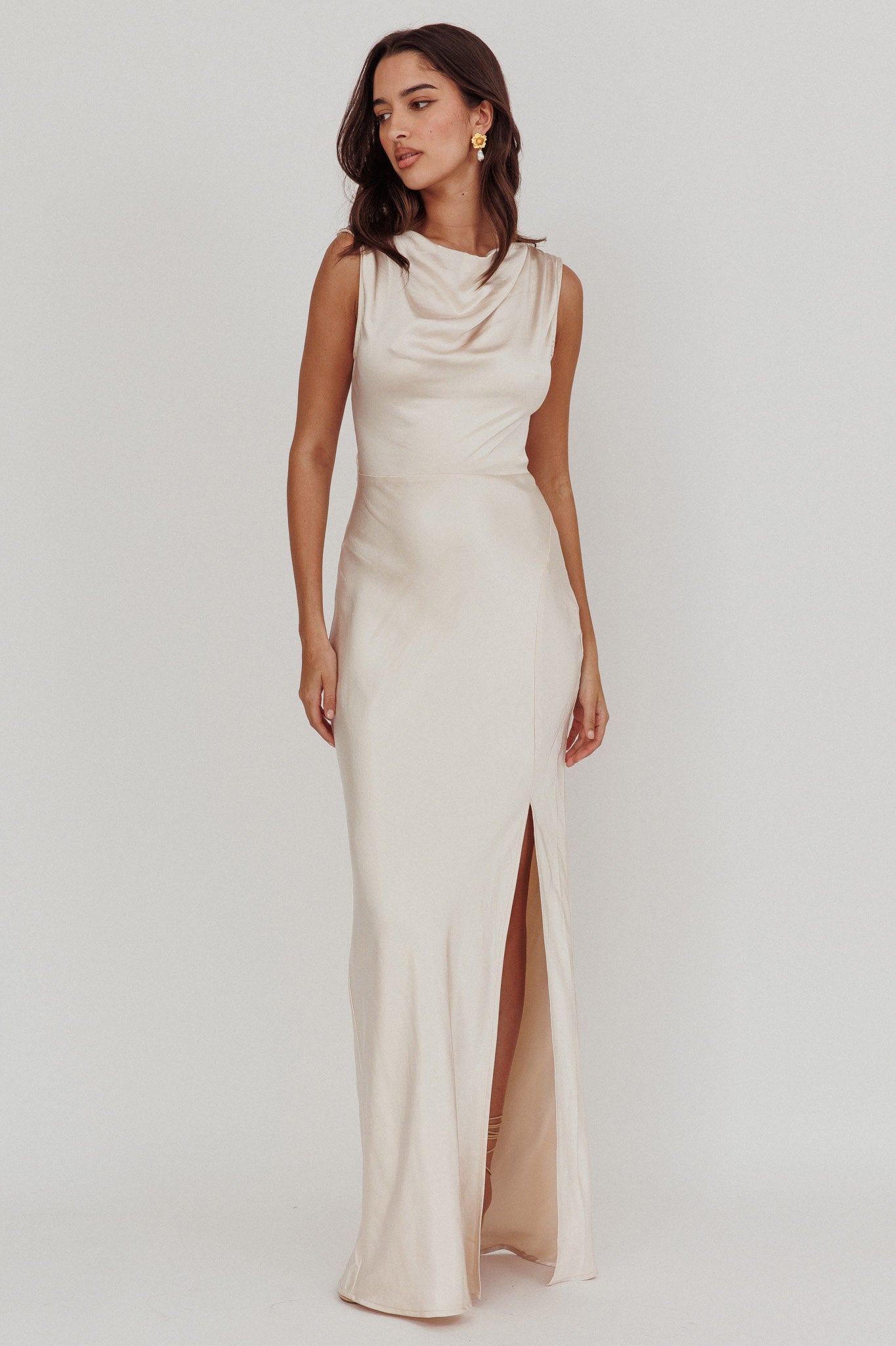 Jinora Cowl Neck Leg Slit Satin Maxi Dress-Maymioy