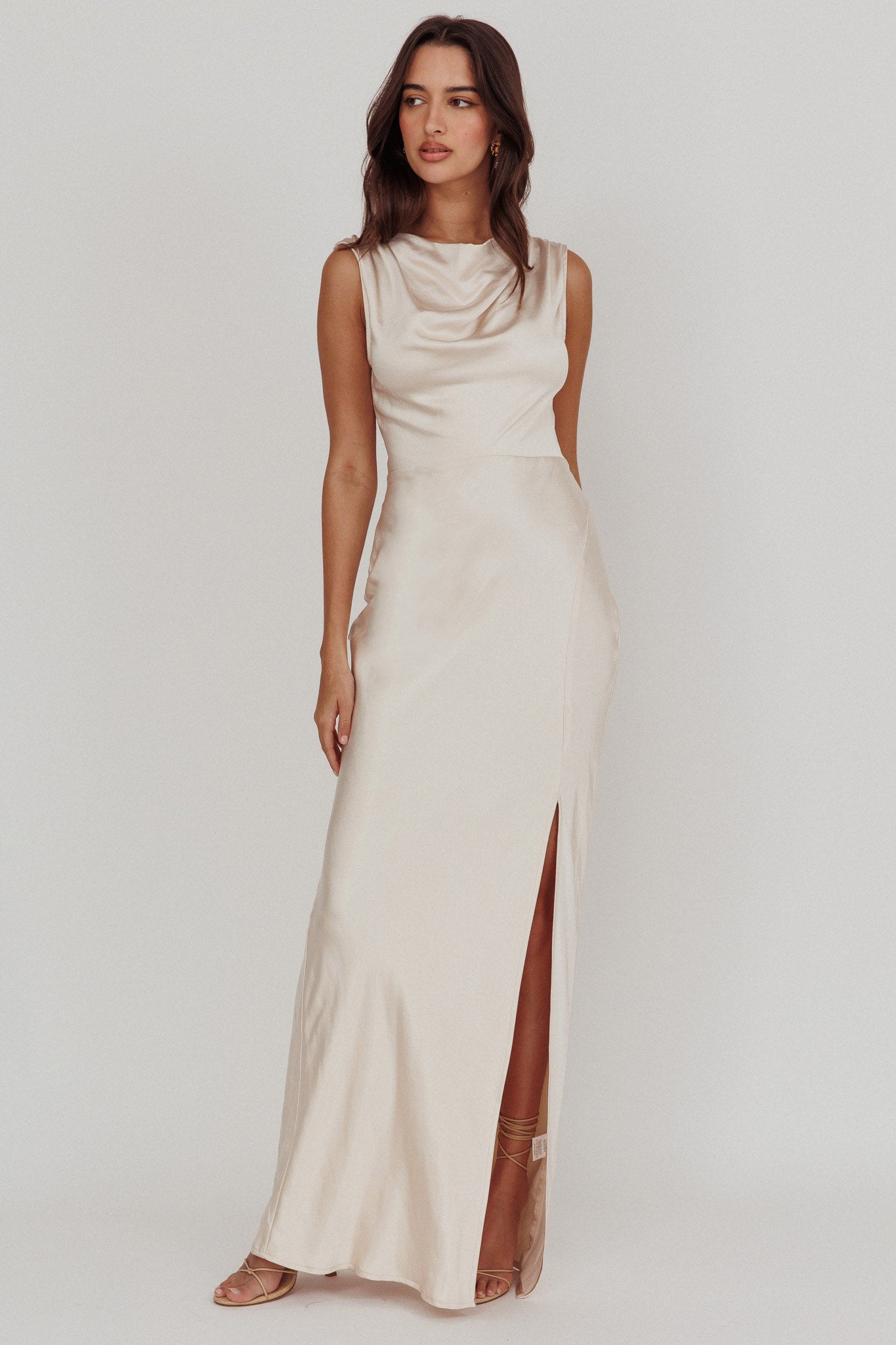 Jinora Cowl Neck Leg Slit Satin Maxi Dress-Maymioy