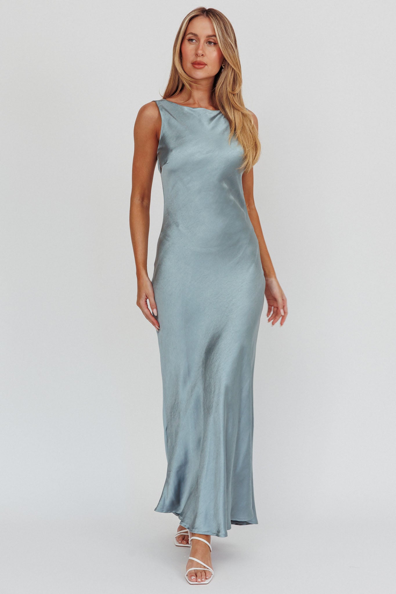 Carmine Satin Sleeveless Maxi Dress Blue-Maymioy