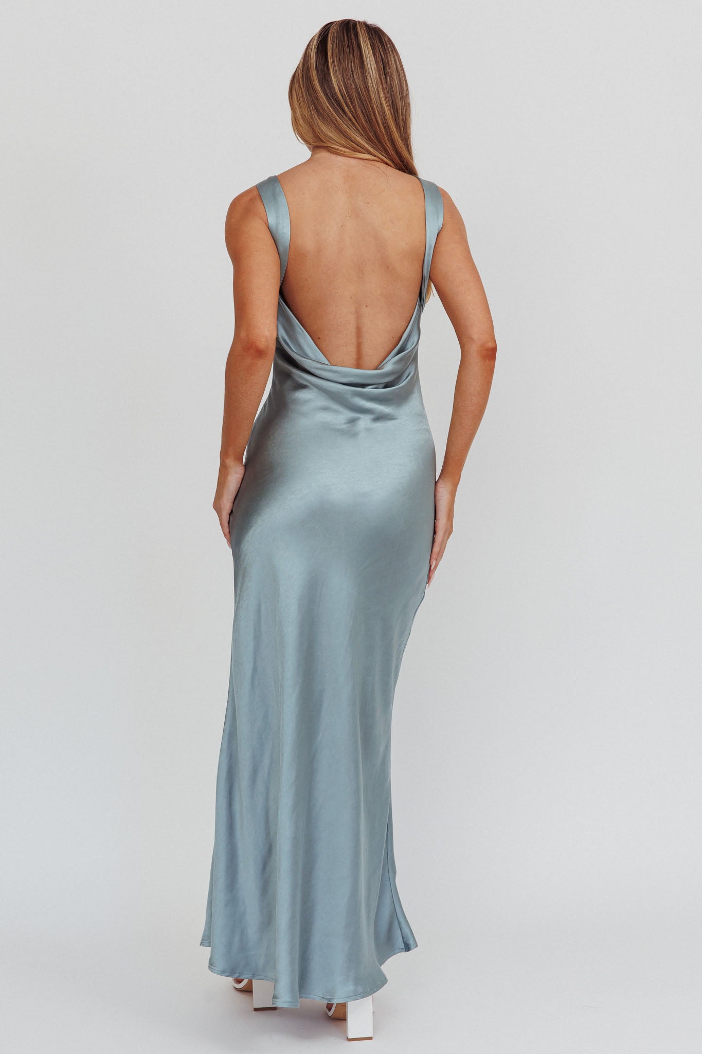 Carmine Satin Sleeveless Maxi Dress Blue-Maymioy