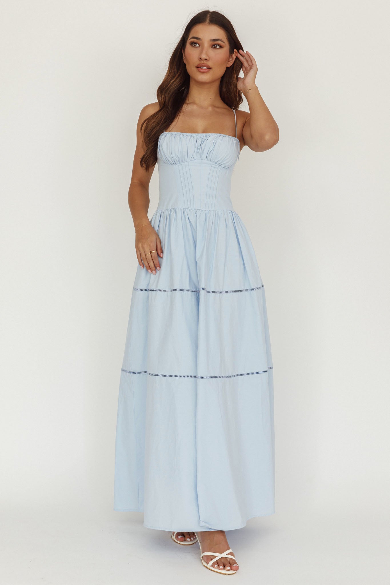 Heavenly Glow Gathered Bust A-Line Maxi Dress Blue-Maymioy