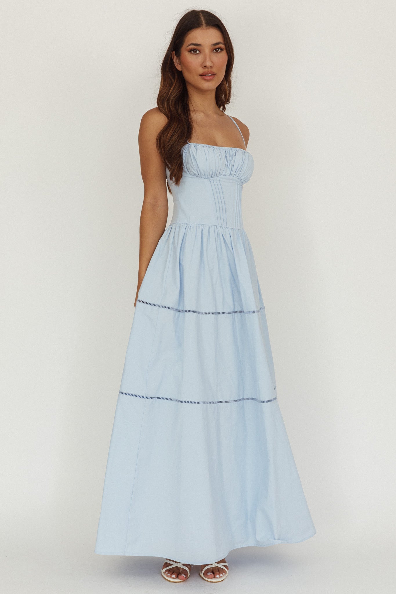 Heavenly Glow Gathered Bust A-Line Maxi Dress Blue-Maymioy