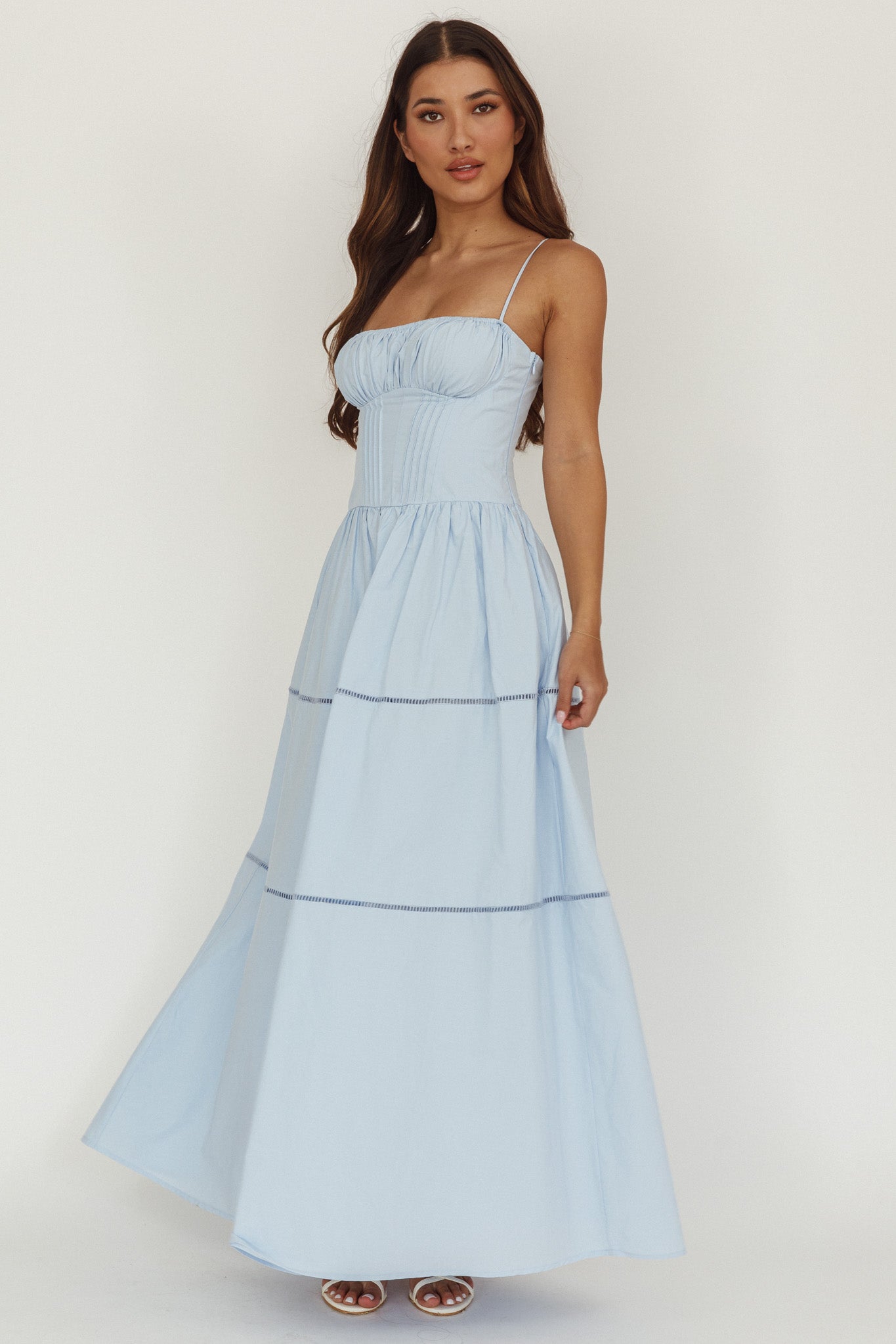 Heavenly Glow Gathered Bust A-Line Maxi Dress Blue-Maymioy