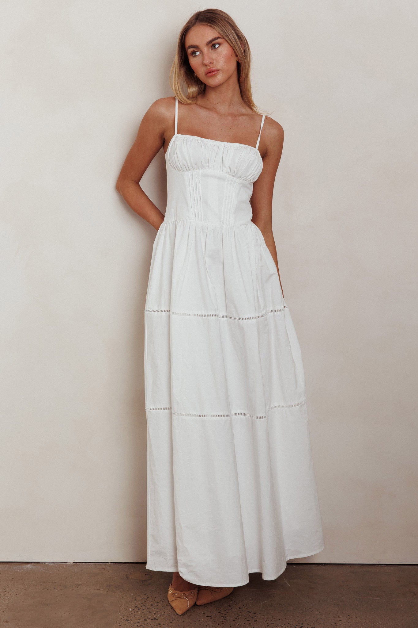 Heavenly Glow Gathered Bust A-Line Maxi Dress Off White-Maymioy