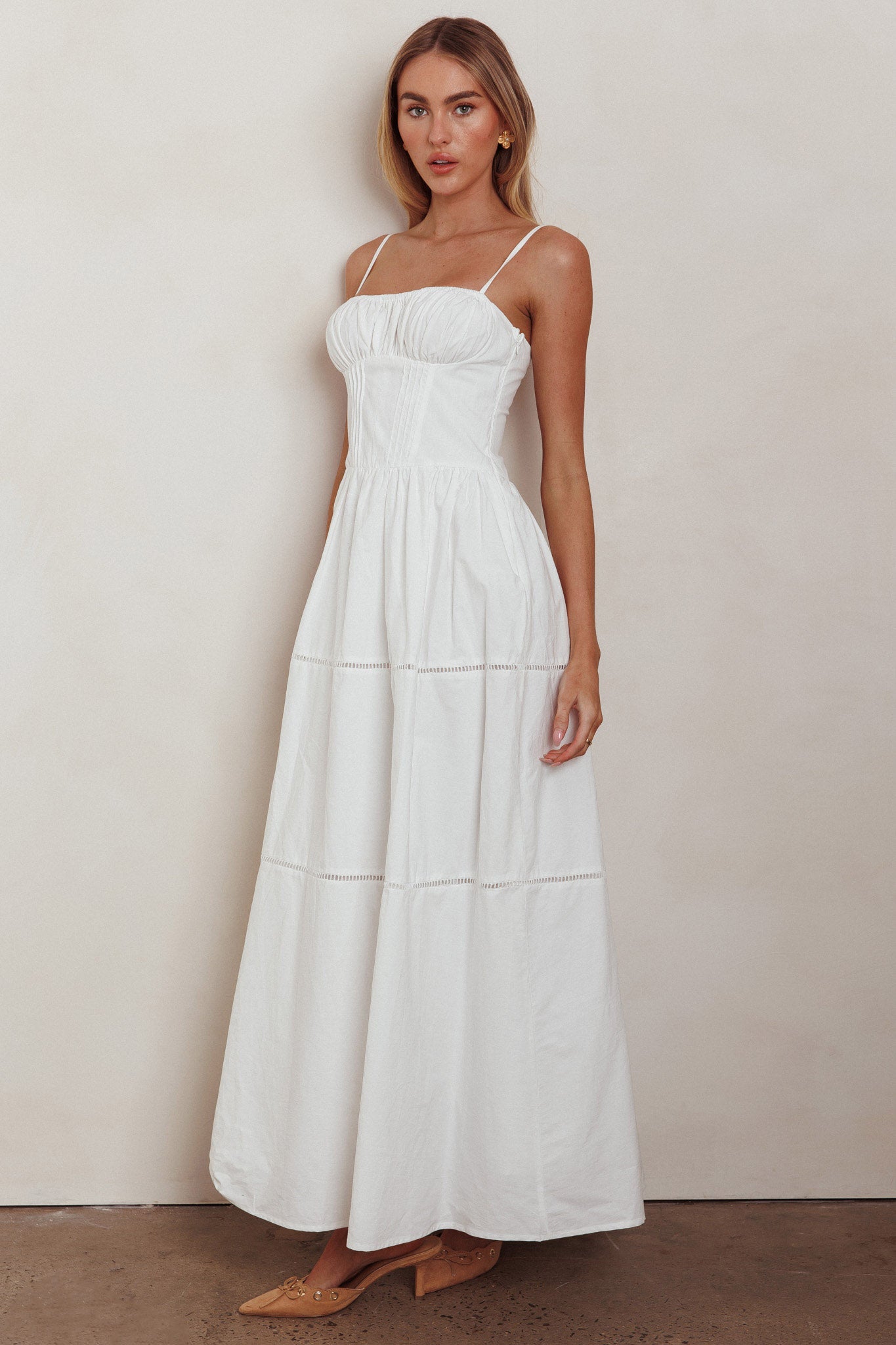 Heavenly Glow Gathered Bust A-Line Maxi Dress Off White-Maymioy