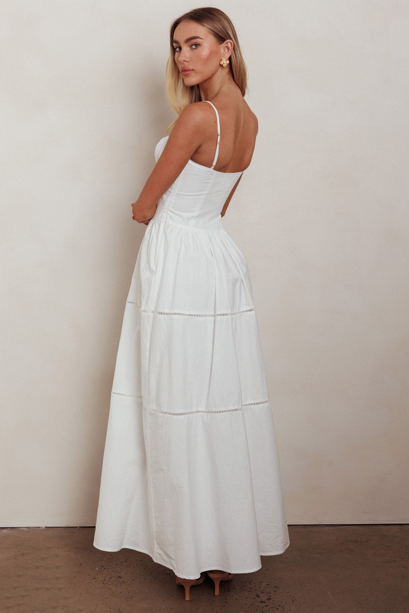 Heavenly Glow Gathered Bust A-Line Maxi Dress Off White-Maymioy