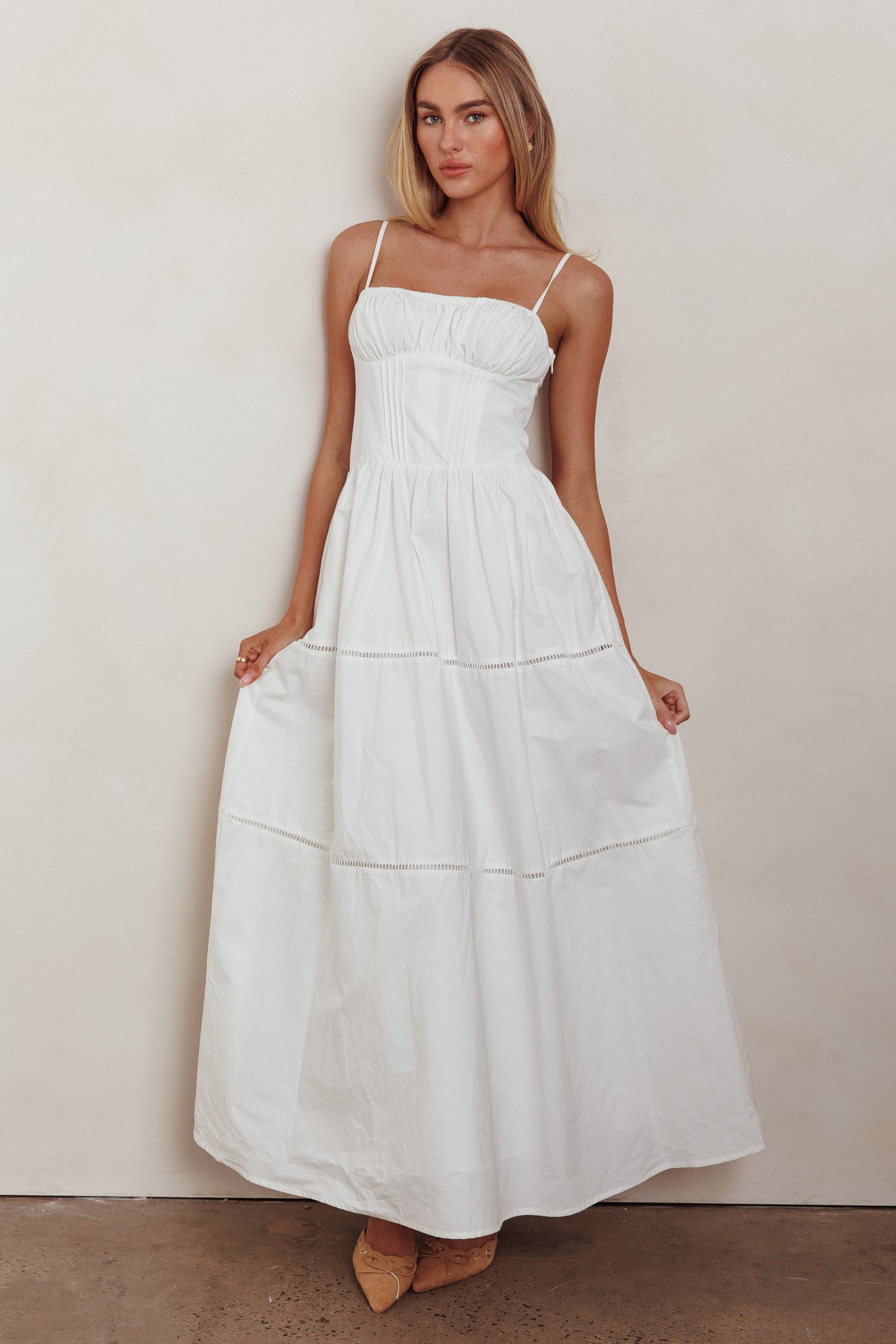 Heavenly Glow Gathered Bust A-Line Maxi Dress Off White-Maymioy