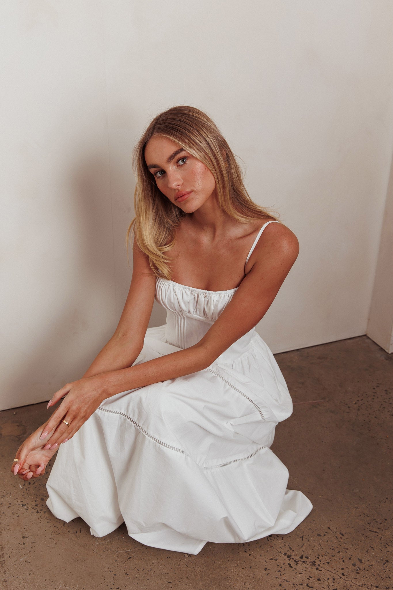 Heavenly Glow Gathered Bust A-Line Maxi Dress Off White-Maymioy