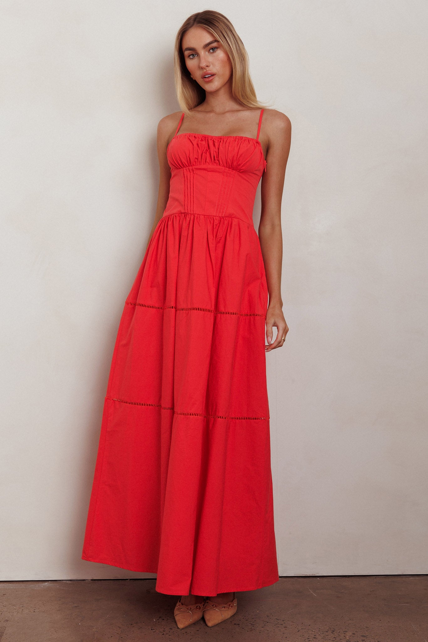 Heavenly Glow Gathered Bust A-Line Maxi Dress Red-Maymioy