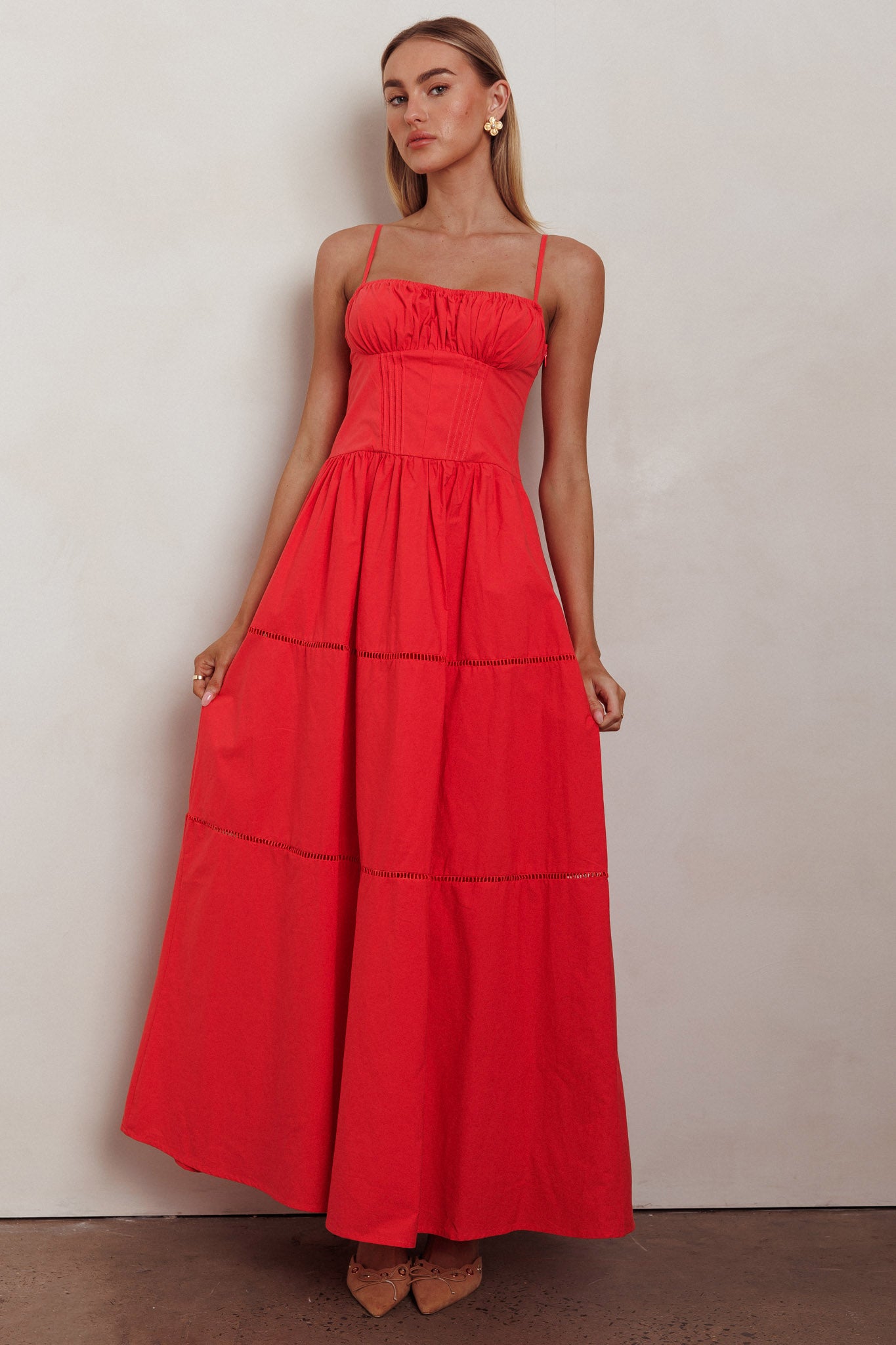 Heavenly Glow Gathered Bust A-Line Maxi Dress Red-Maymioy