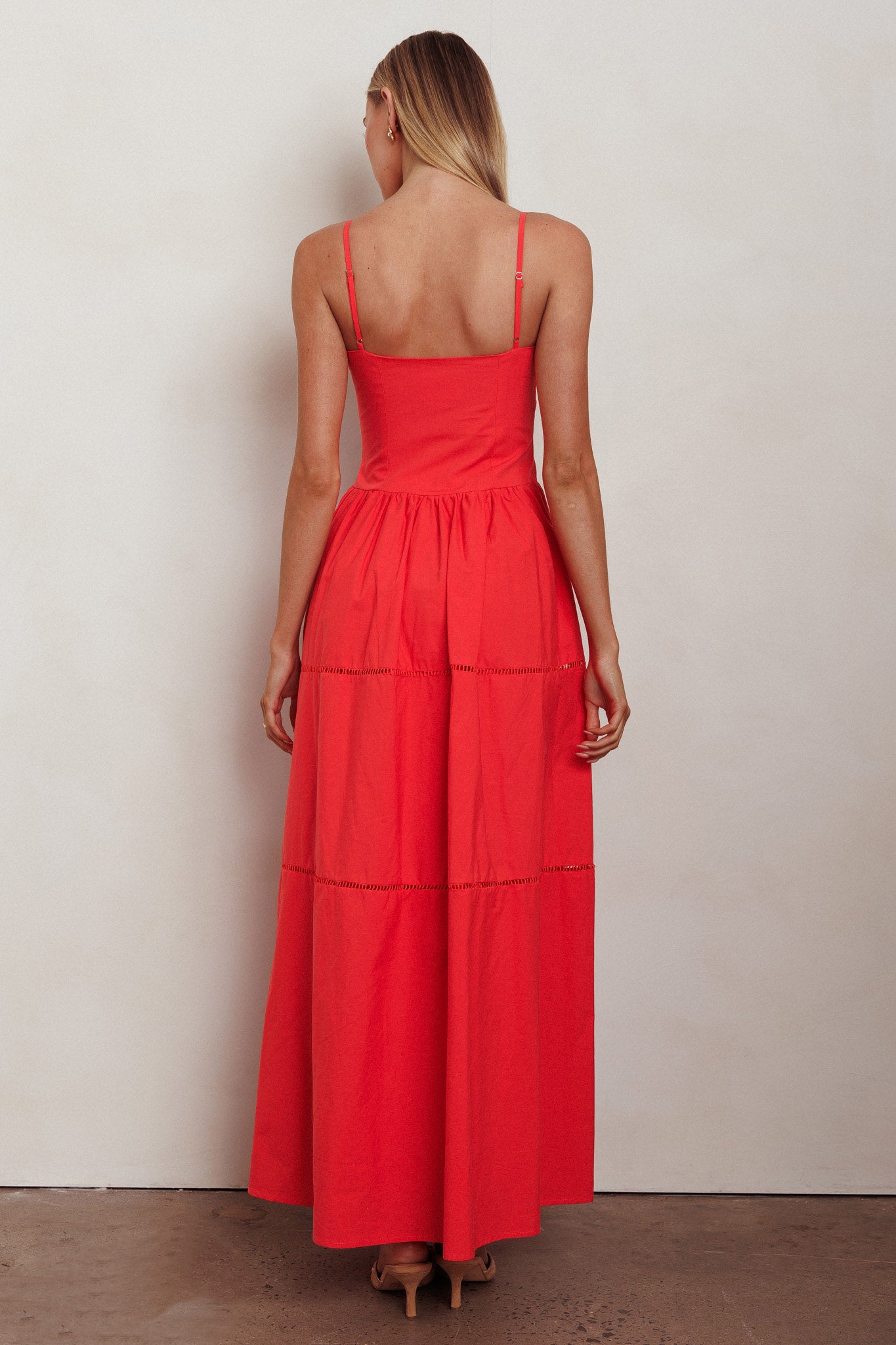 Heavenly Glow Gathered Bust A-Line Maxi Dress Red-Maymioy