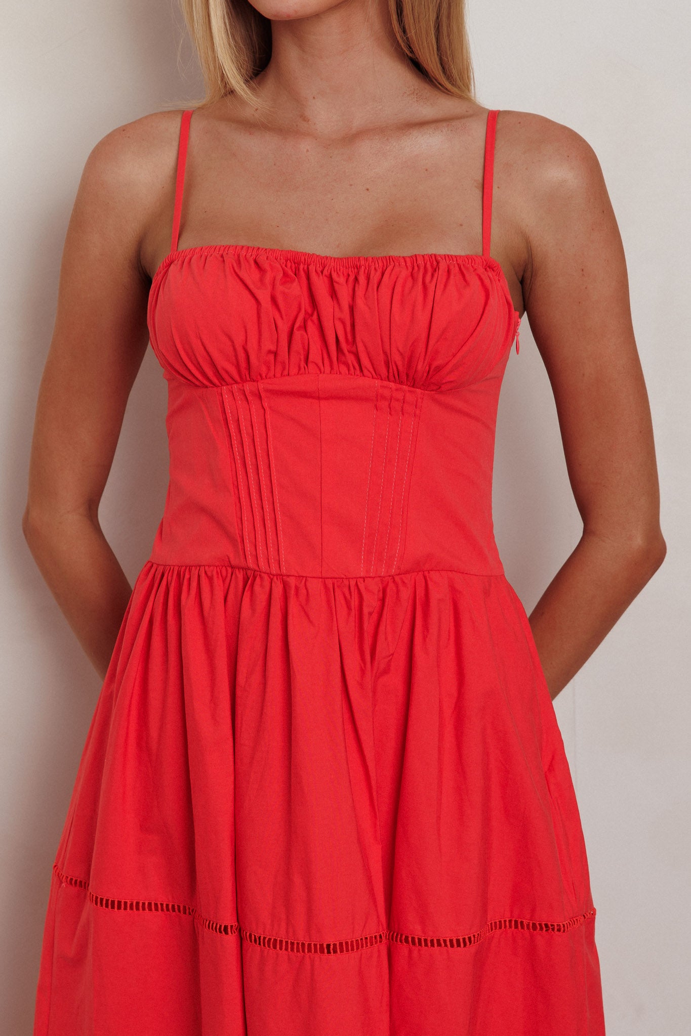 Heavenly Glow Gathered Bust A-Line Maxi Dress Red-Maymioy