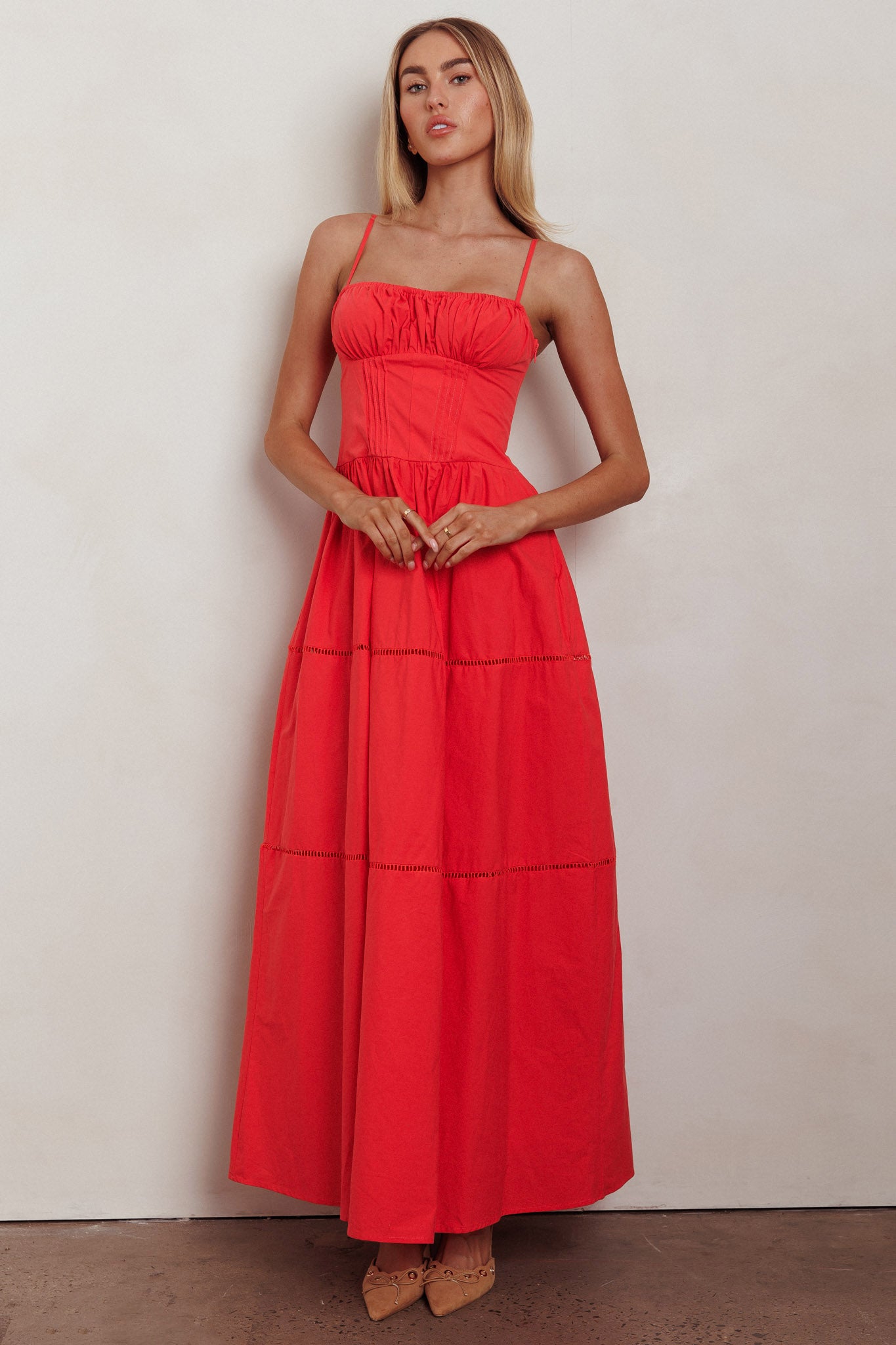 Heavenly Glow Gathered Bust A-Line Maxi Dress Red-Maymioy