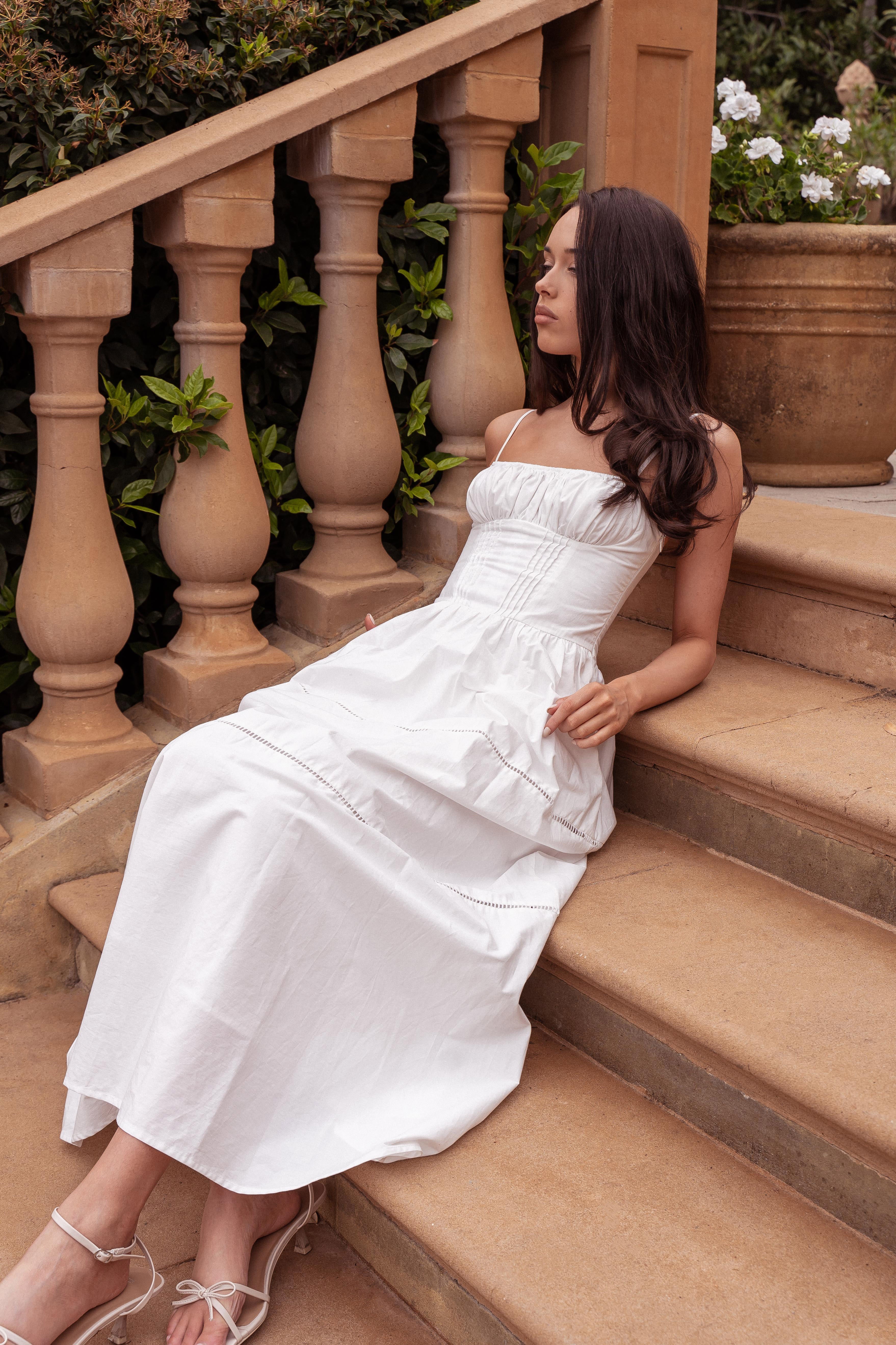 Heavenly Glow Gathered Bust A-Line Maxi Dress Off White-Maymioy