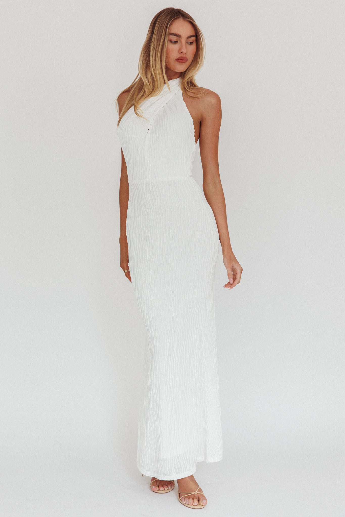 Lush Aura Crossover Halter Neck Maxi Dress White-Maymioy