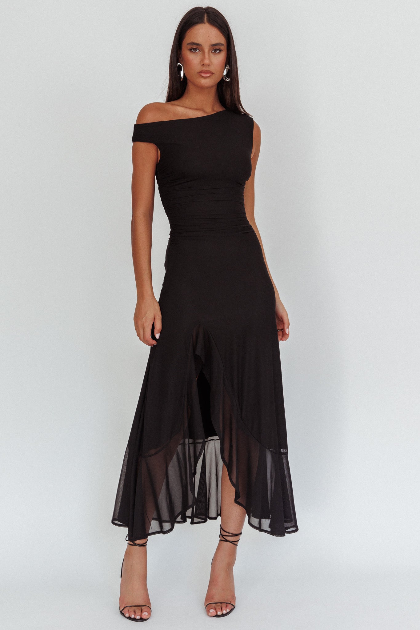 Moonlit Magic Asymmetric Neckline Maxi Dress Black-Maymioy