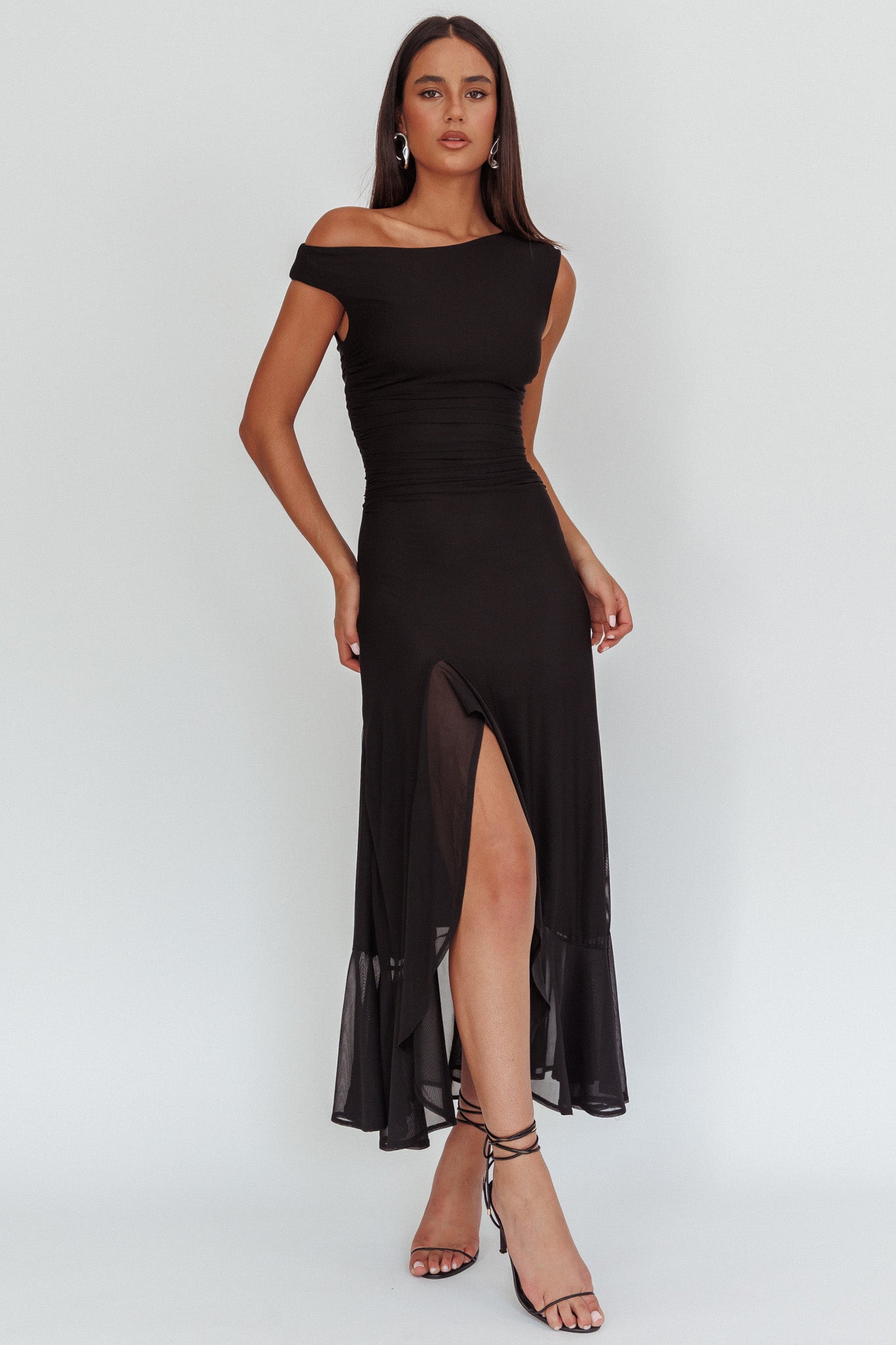 Moonlit Magic Asymmetric Neckline Maxi Dress Black-Maymioy