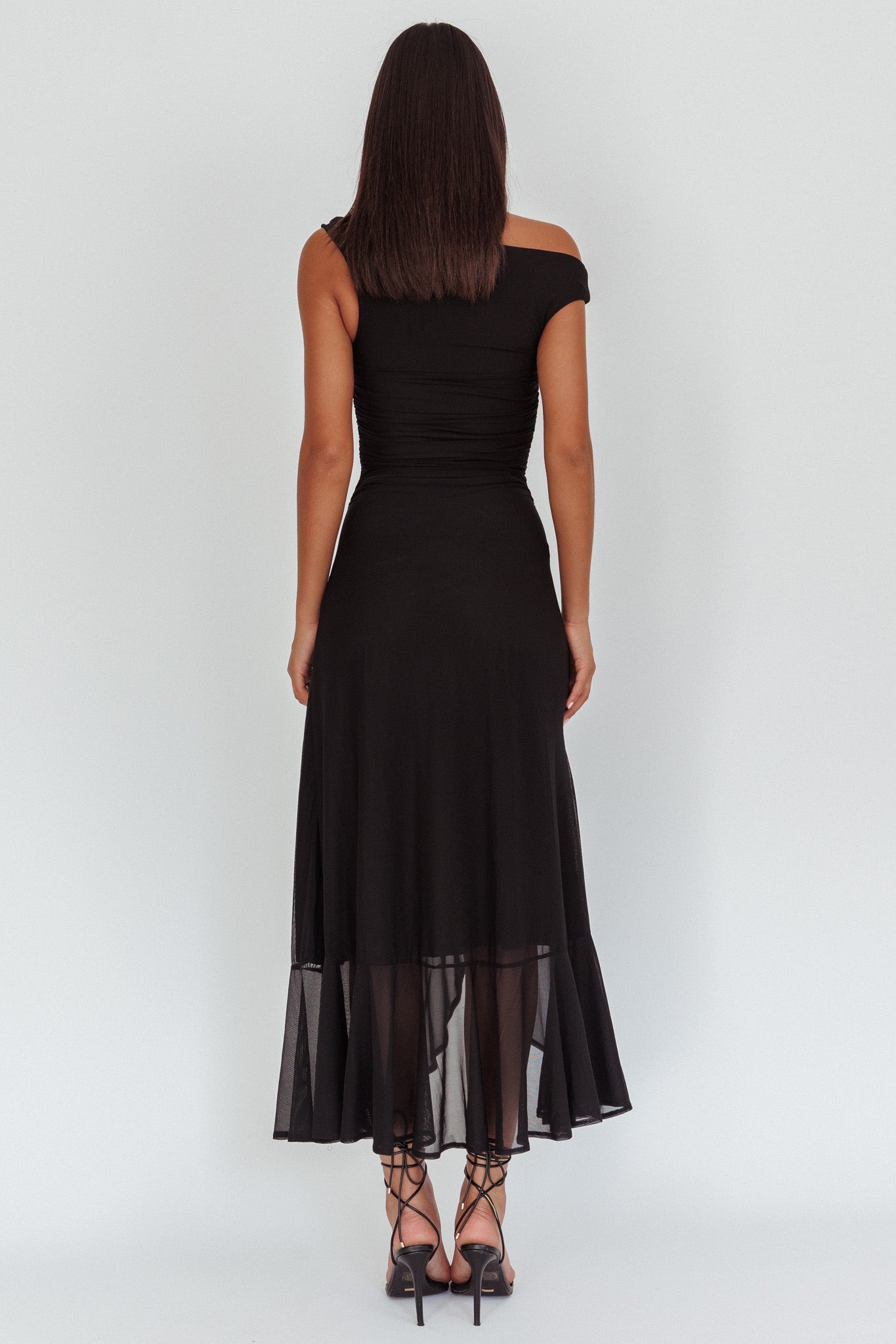 Moonlit Magic Asymmetric Neckline Maxi Dress Black-Maymioy