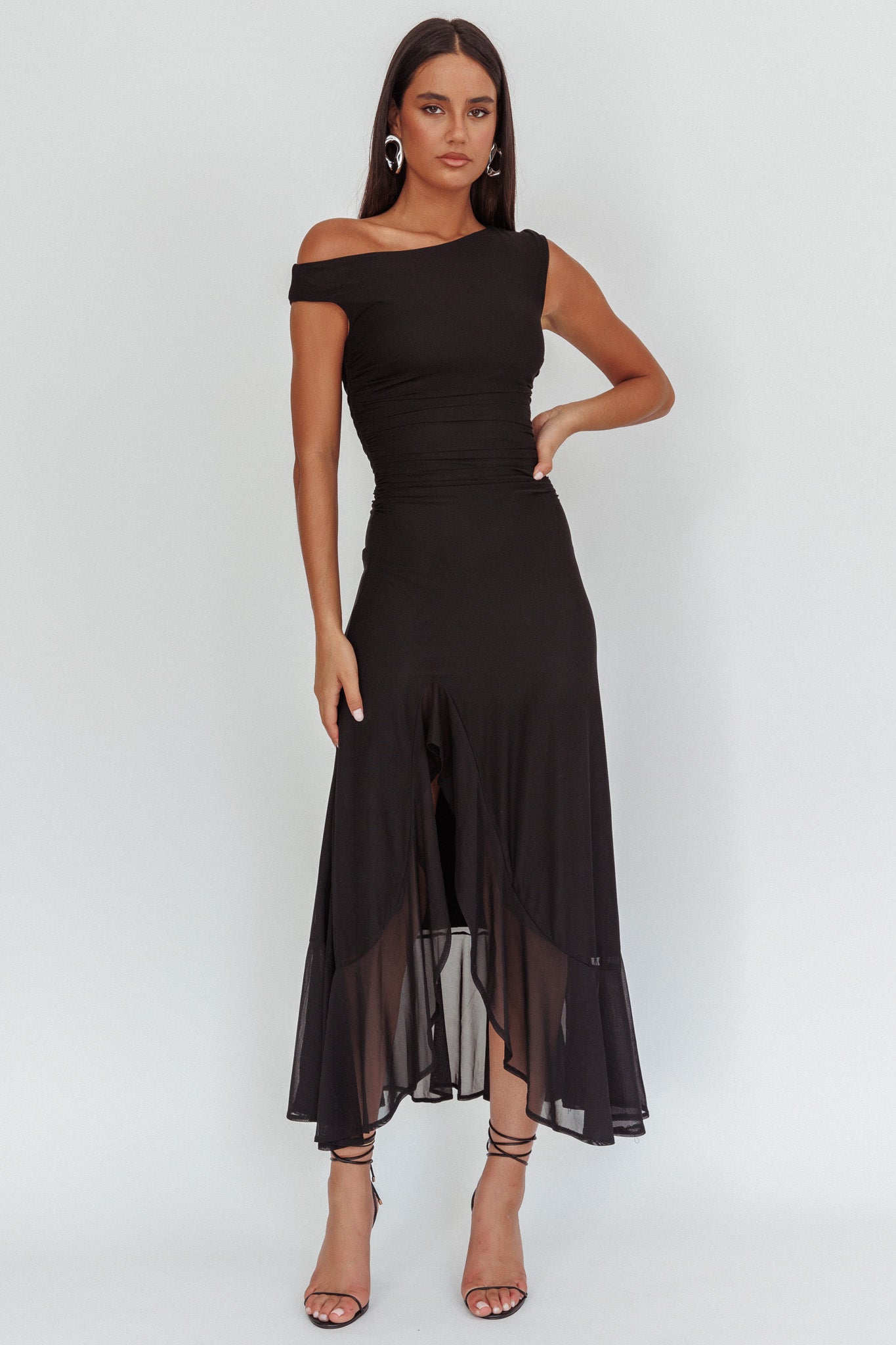 Moonlit Magic Asymmetric Neckline Maxi Dress Black-Maymioy