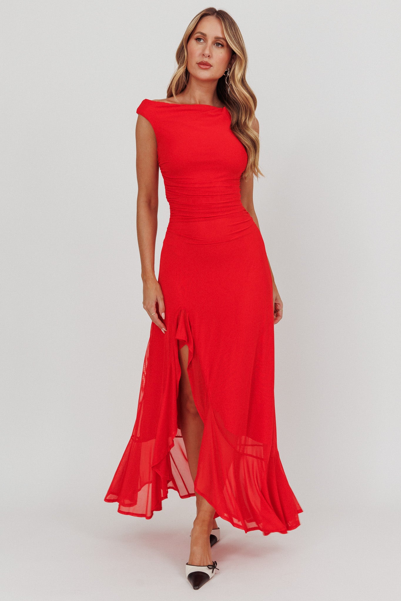 Moonlit Magic Asymmetric Neckline Maxi Dress Red-Maymioy