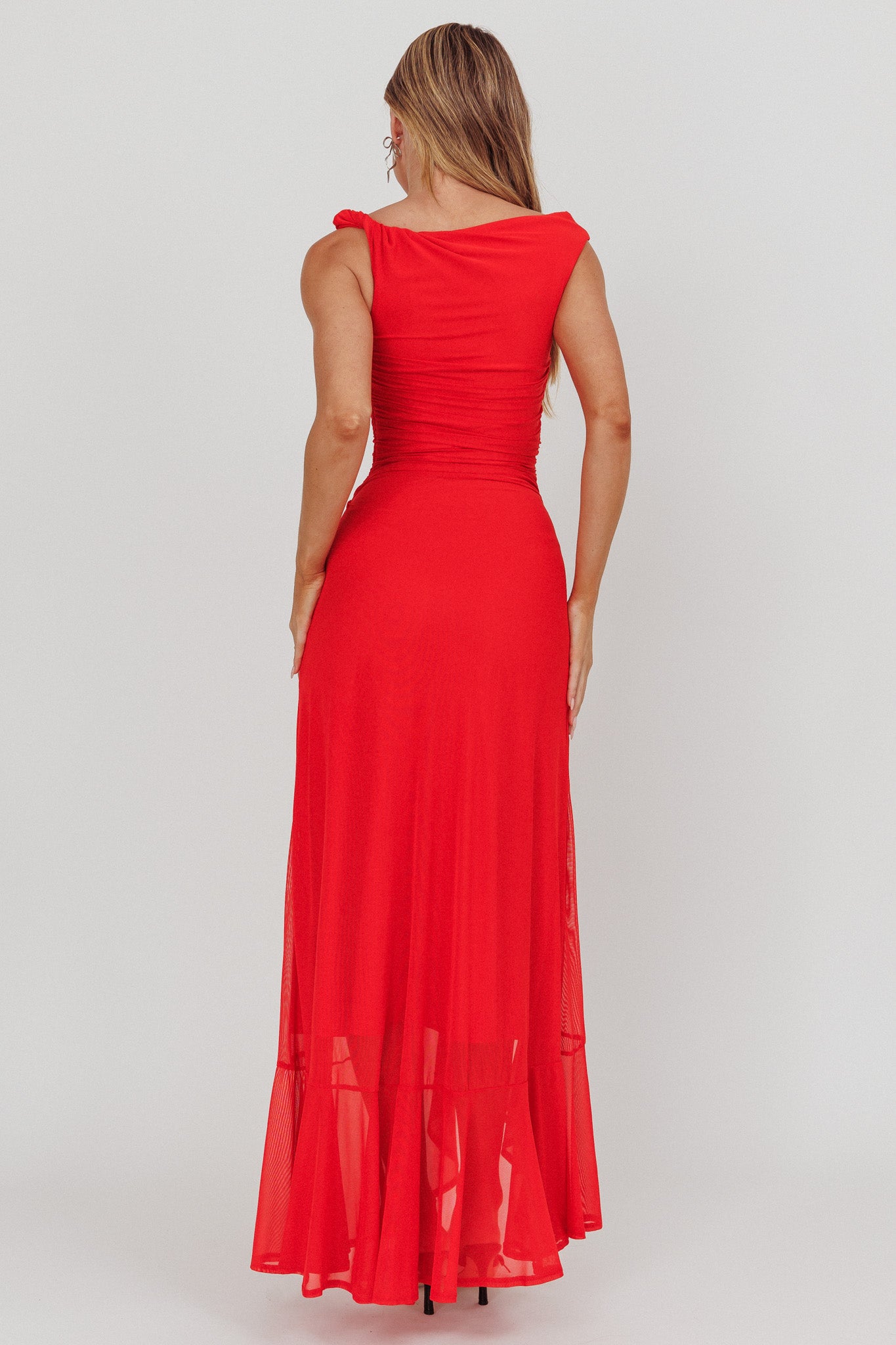 Moonlit Magic Asymmetric Neckline Maxi Dress Red-Maymioy