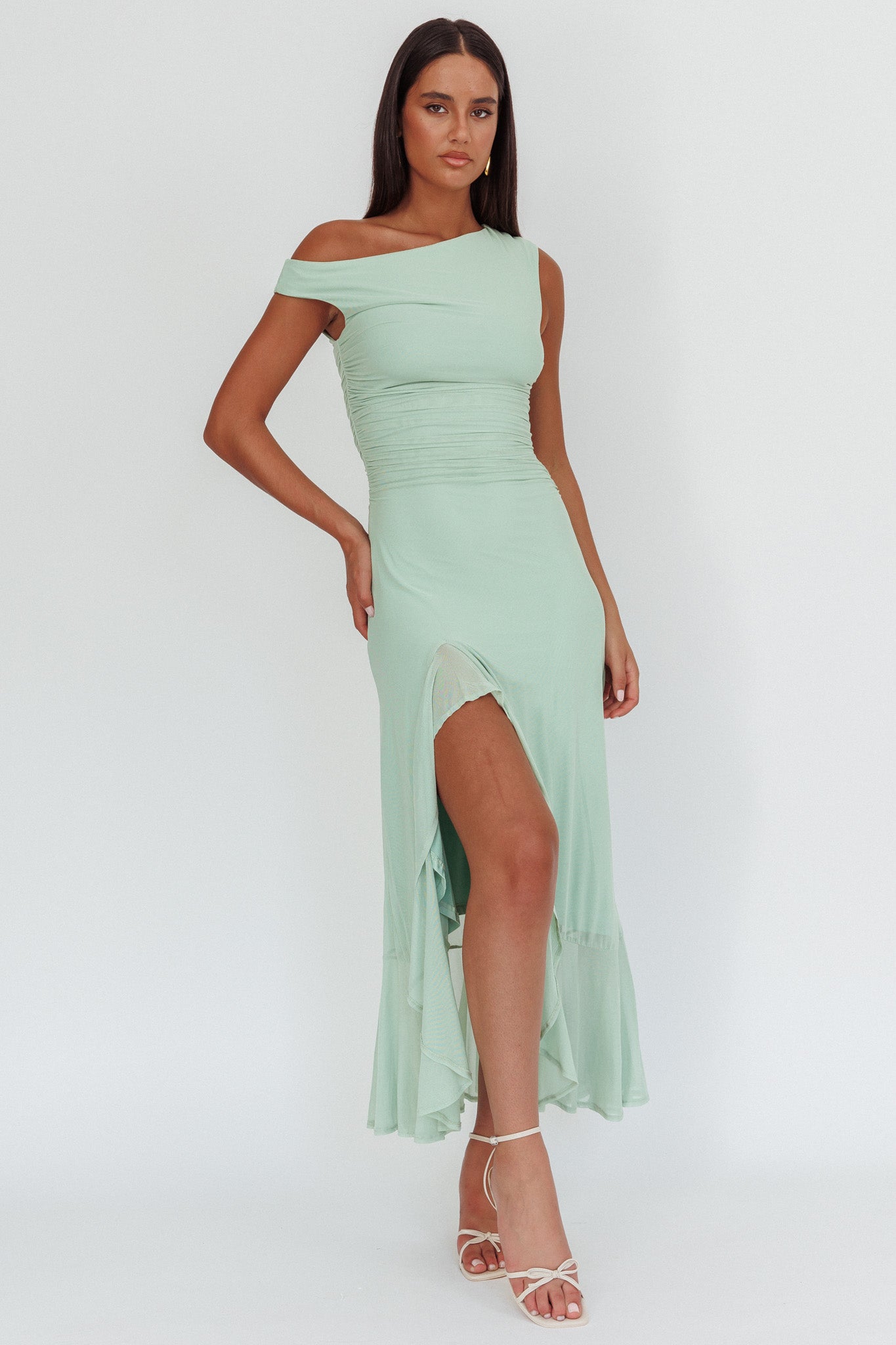 Moonlit Magic Asymmetric Neckline Maxi Dress Sage-Maymioy