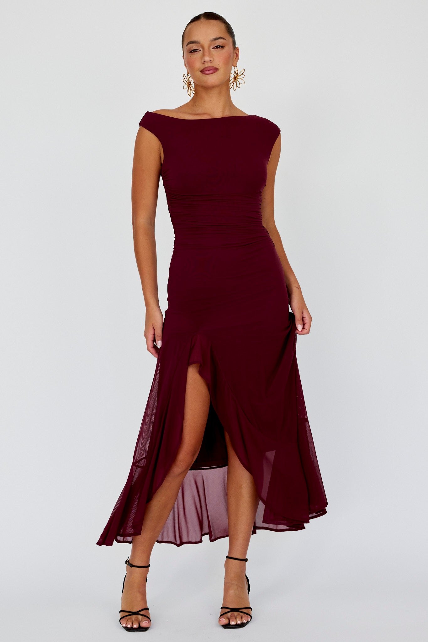 Moonlit Magic Asymmetric Neckline Maxi Dress Wine-Maymioy
