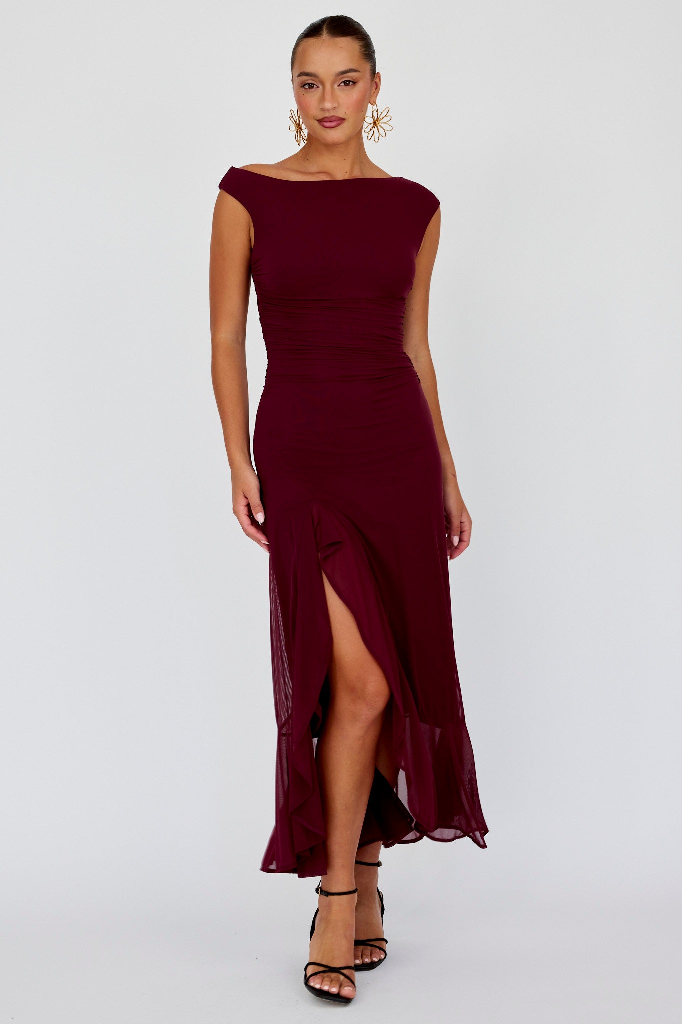 Moonlit Magic Asymmetric Neckline Maxi Dress Wine-Maymioy