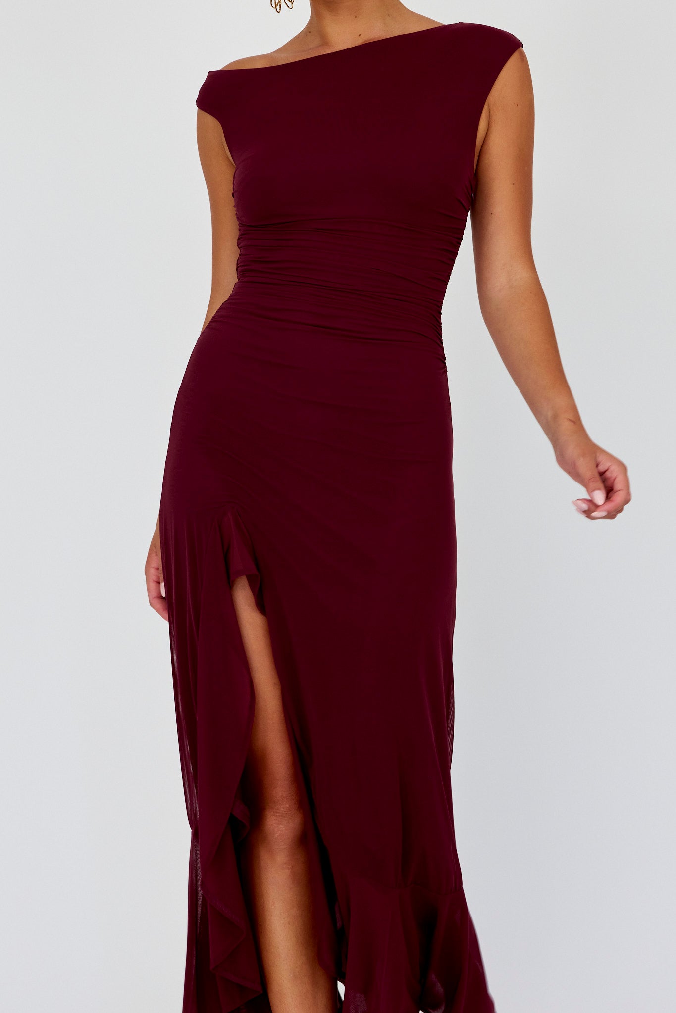 Moonlit Magic Asymmetric Neckline Maxi Dress Wine-Maymioy