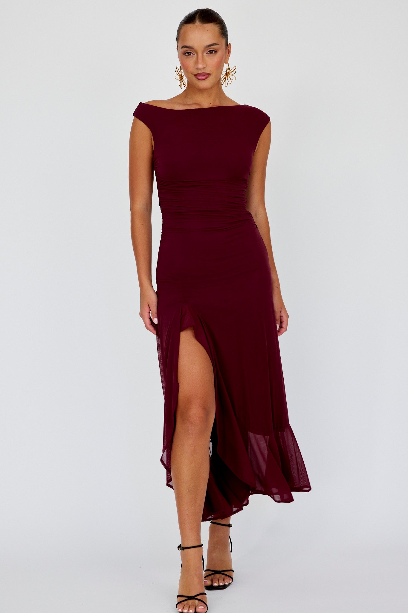 Moonlit Magic Asymmetric Neckline Maxi Dress Wine-Maymioy