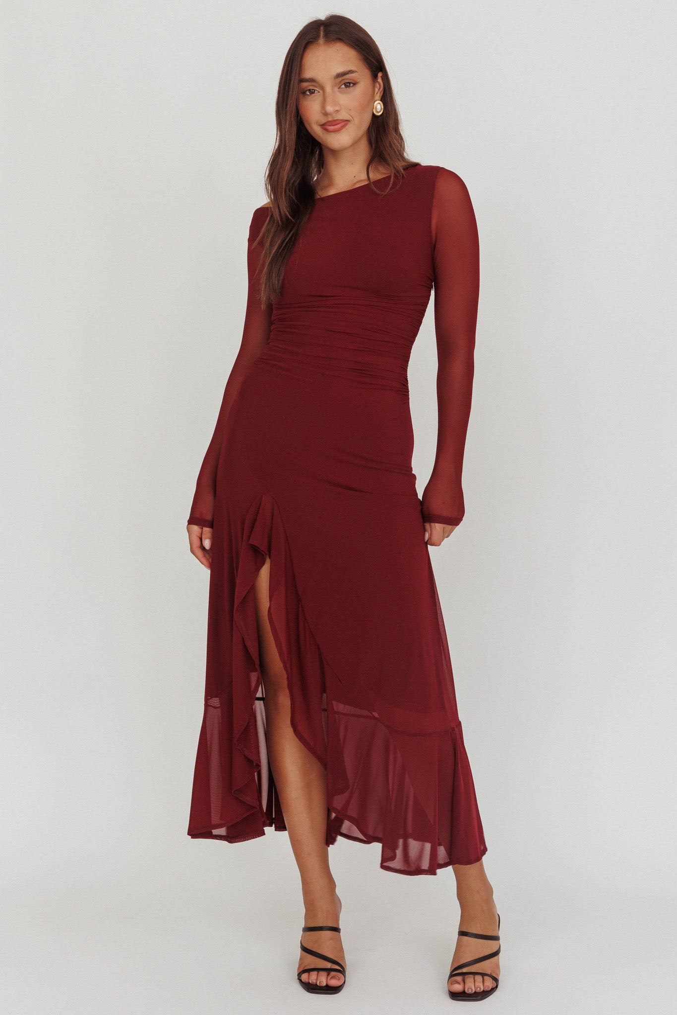 Moonlit Magic Long Sleeve Maxi Dress Wine-Maymioy