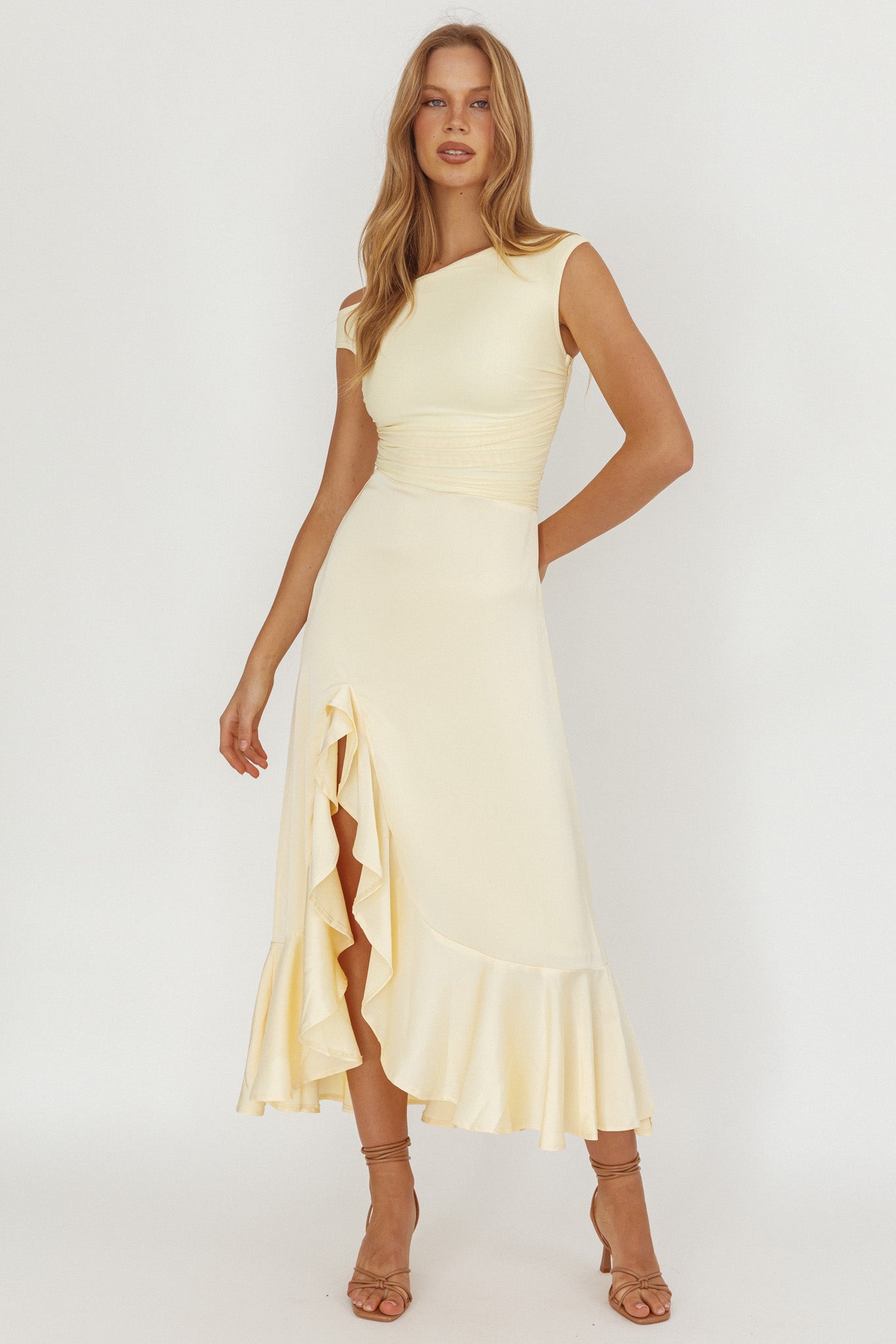 Moonlit Magic Asymmetric Neckline Satin Ruffle Dress Butter-Maymioy