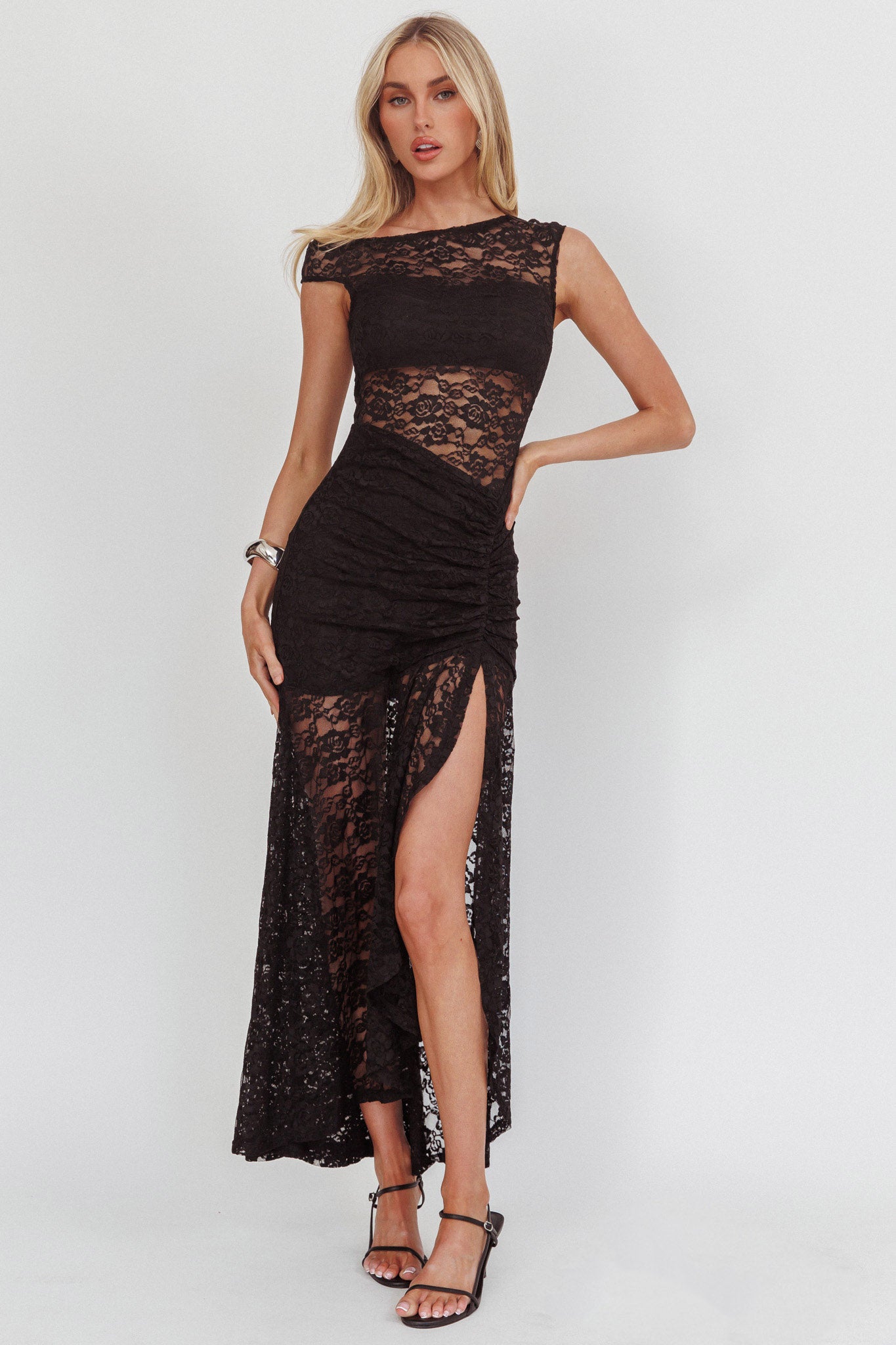 Moonlit Magic Asymmetric Neckline Lace Maxi Dress Black-Maymioy