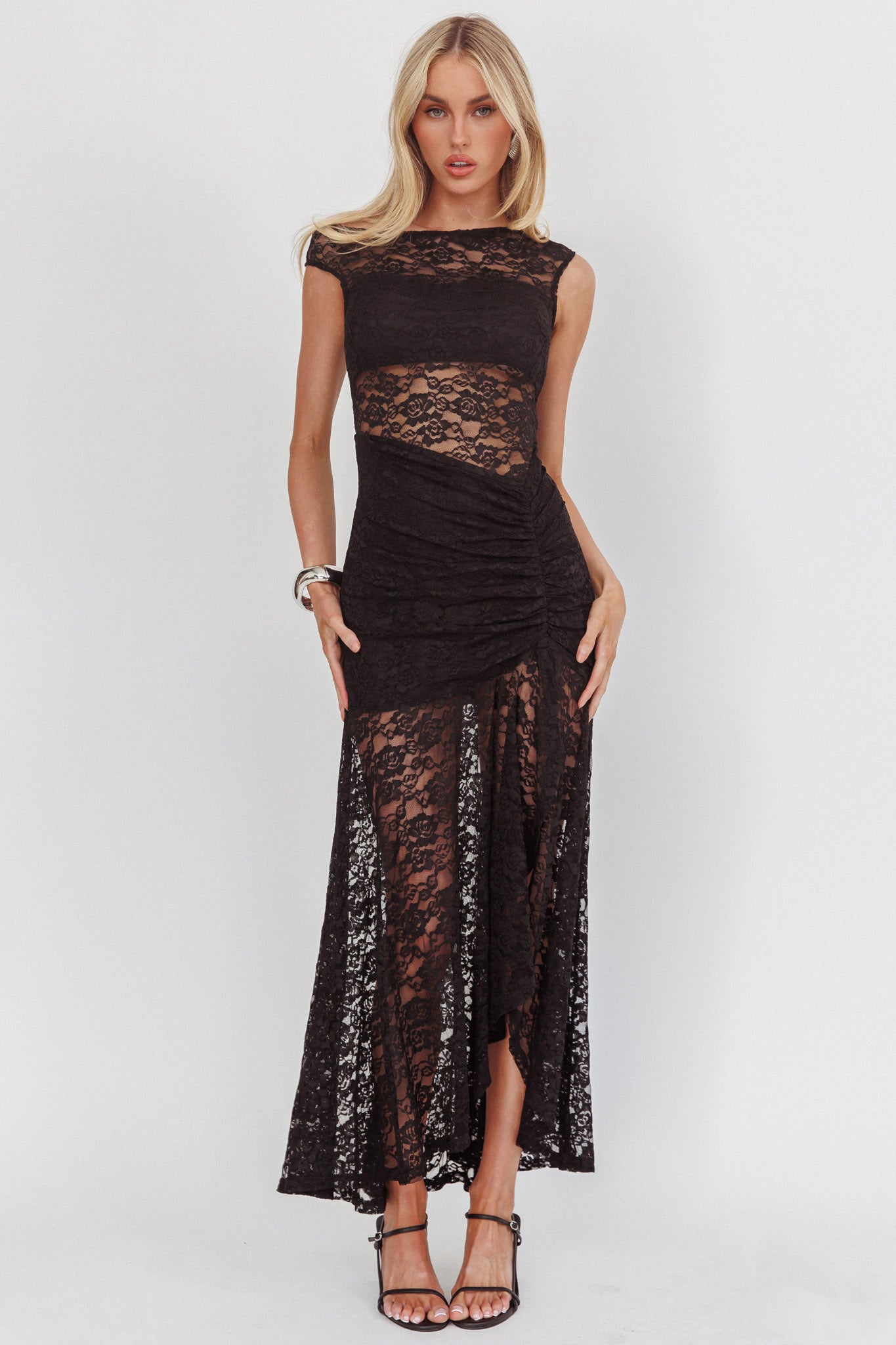 Moonlit Magic Asymmetric Neckline Lace Maxi Dress Black-Maymioy