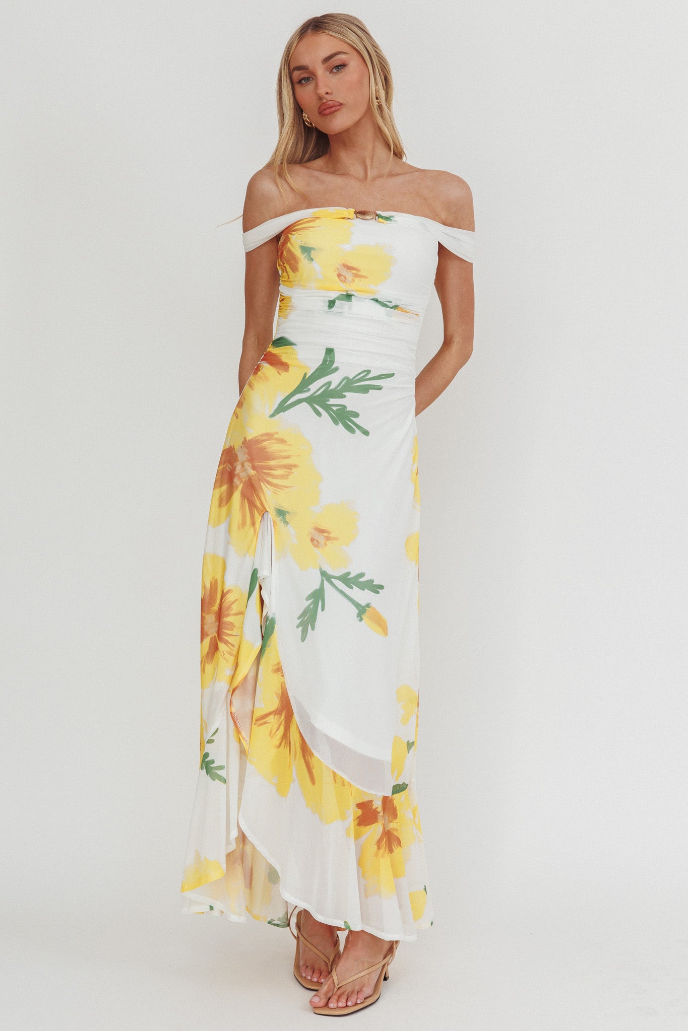 Moonlit Magic Off-Shoulder Split Maxi Dress Flower Yellow-Maymioy