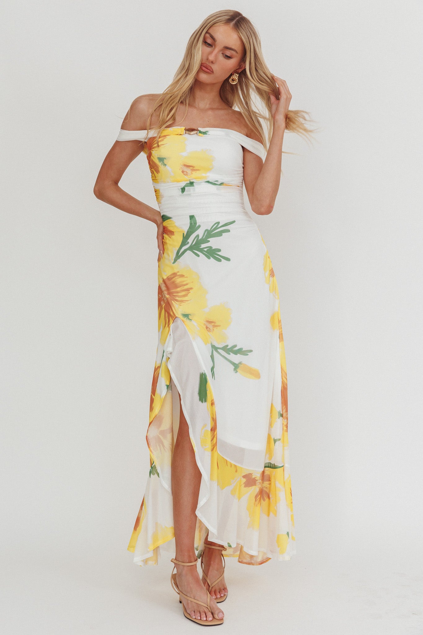 Moonlit Magic Off-Shoulder Split Maxi Dress Flower Yellow-Maymioy