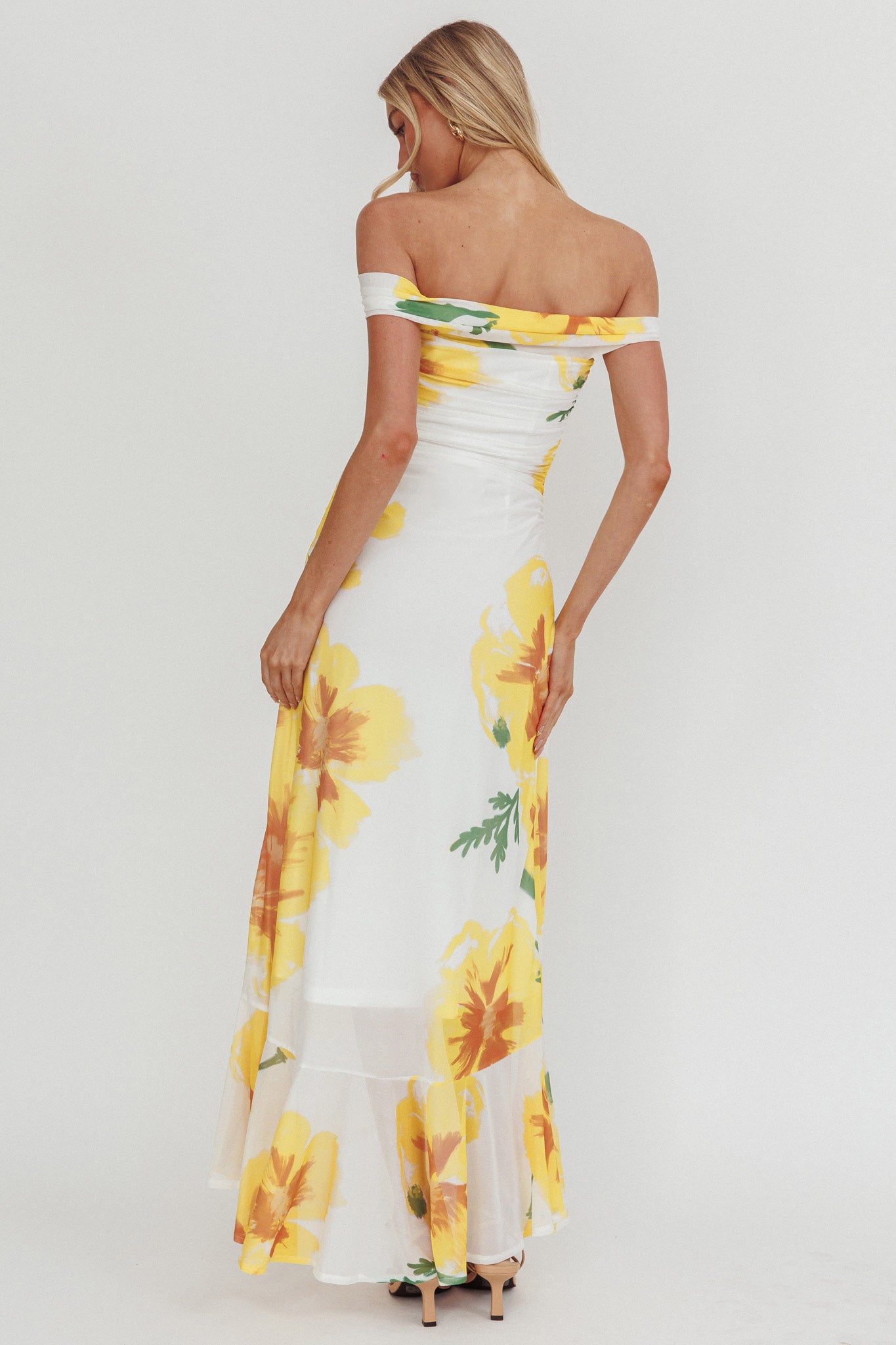 Moonlit Magic Off-Shoulder Split Maxi Dress Flower Yellow-Maymioy