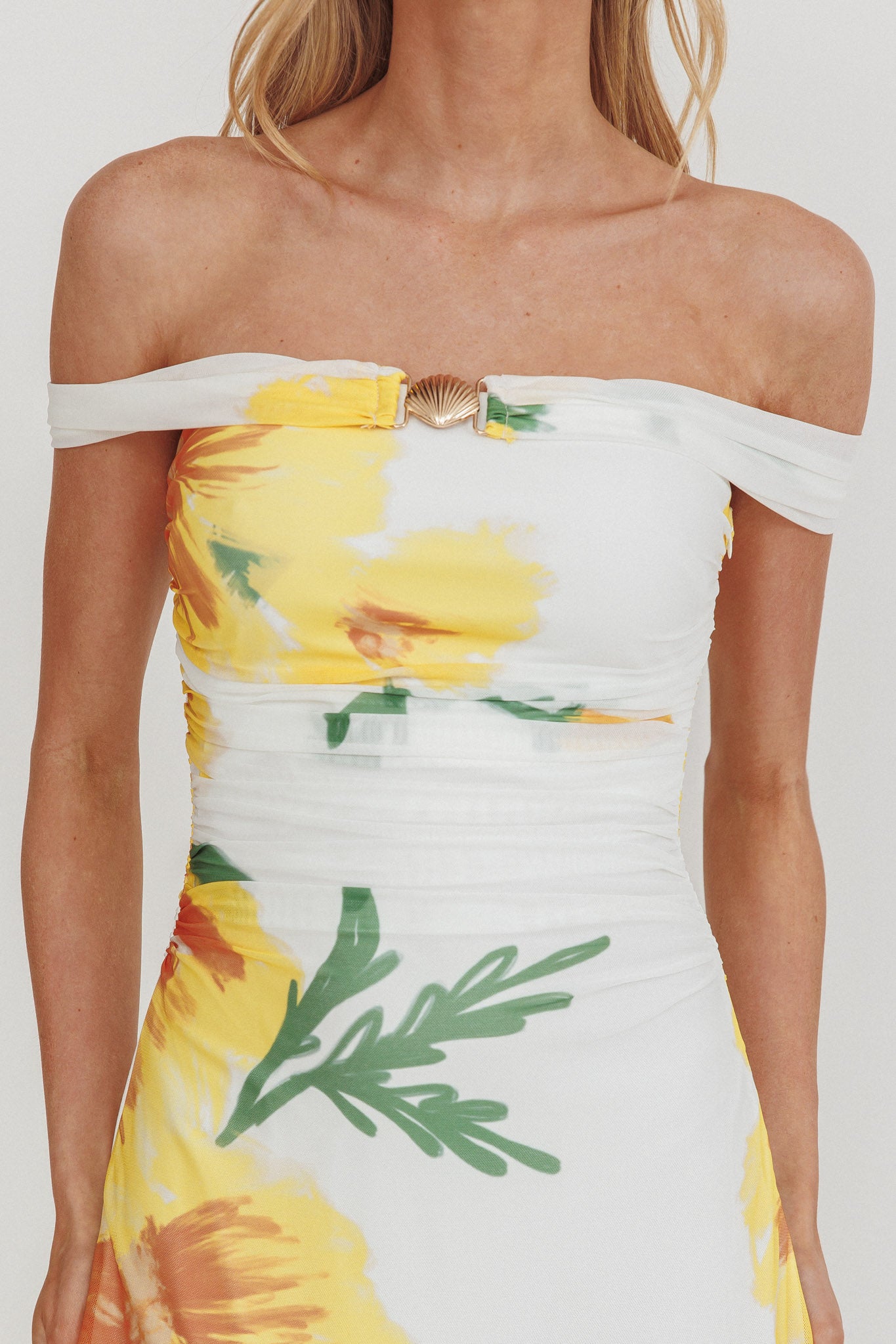 Moonlit Magic Off-Shoulder Split Maxi Dress Flower Yellow-Maymioy