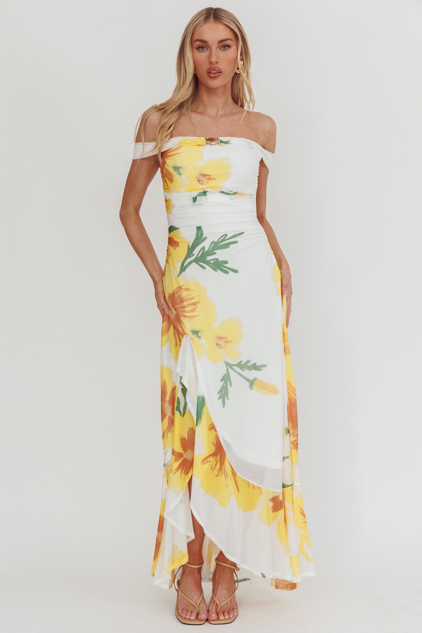 Moonlit Magic Off-Shoulder Split Maxi Dress Flower Yellow-Maymioy