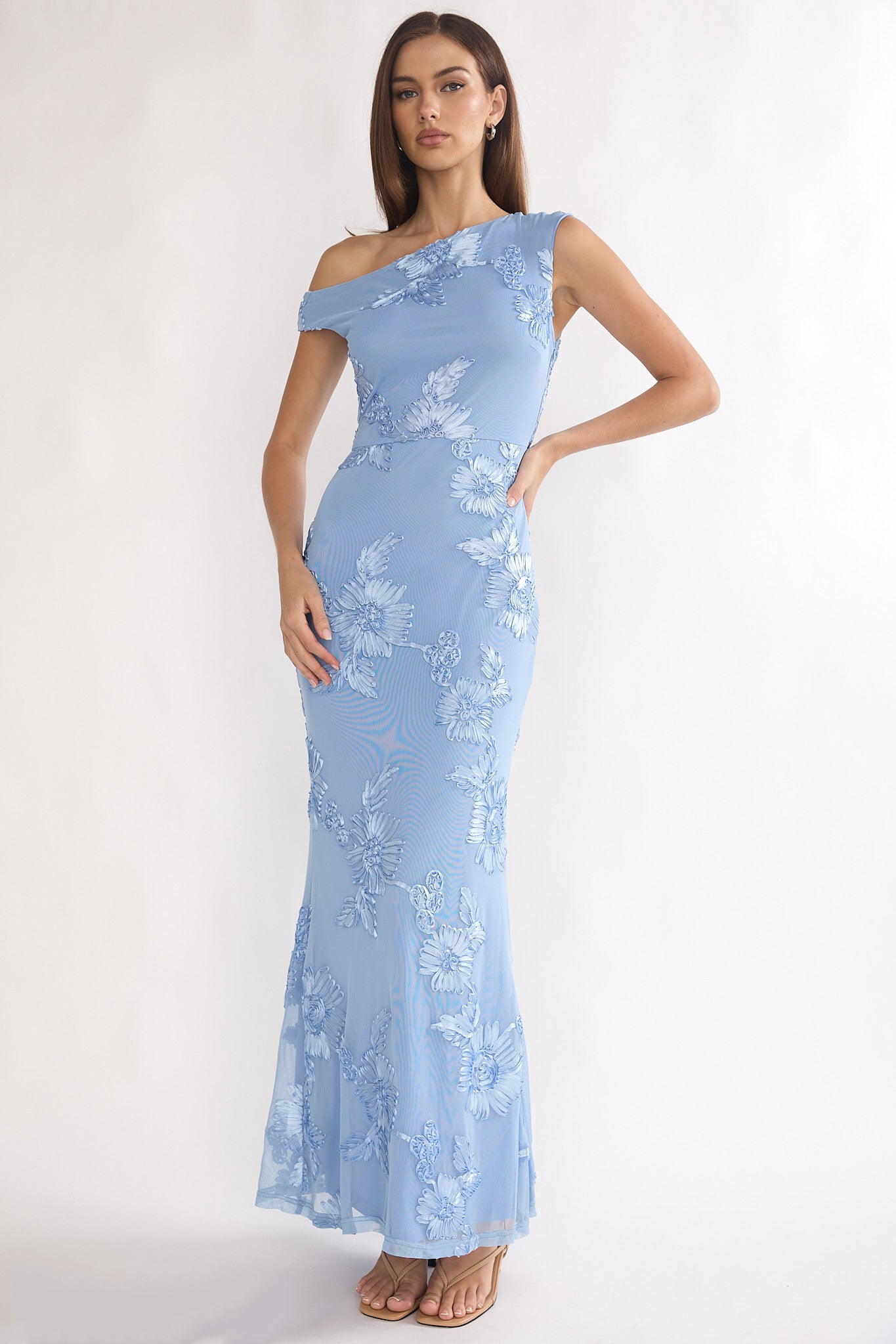 Moonlit Magic Asymmetric Neckline Embellished Maxi Dress Blue-Maymioy